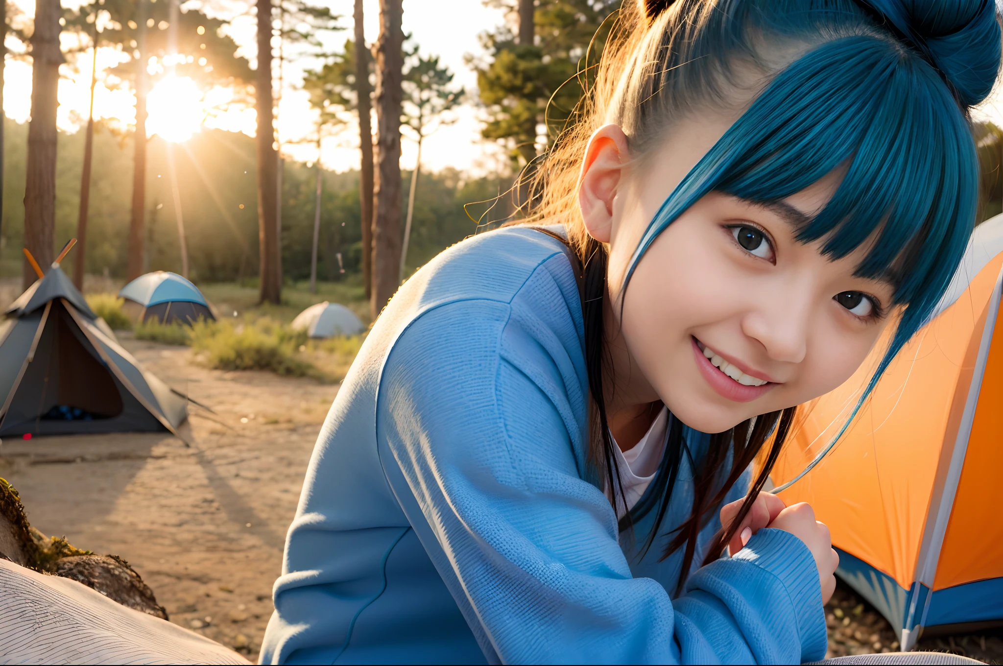 17 years old girl, blue hairs, Hair buns, sitting on, camp, plein air, the woods, camp fire,, anirl, top-quality, 超A high resolution,realisitic、Happy smile、teepee、Orange sunset