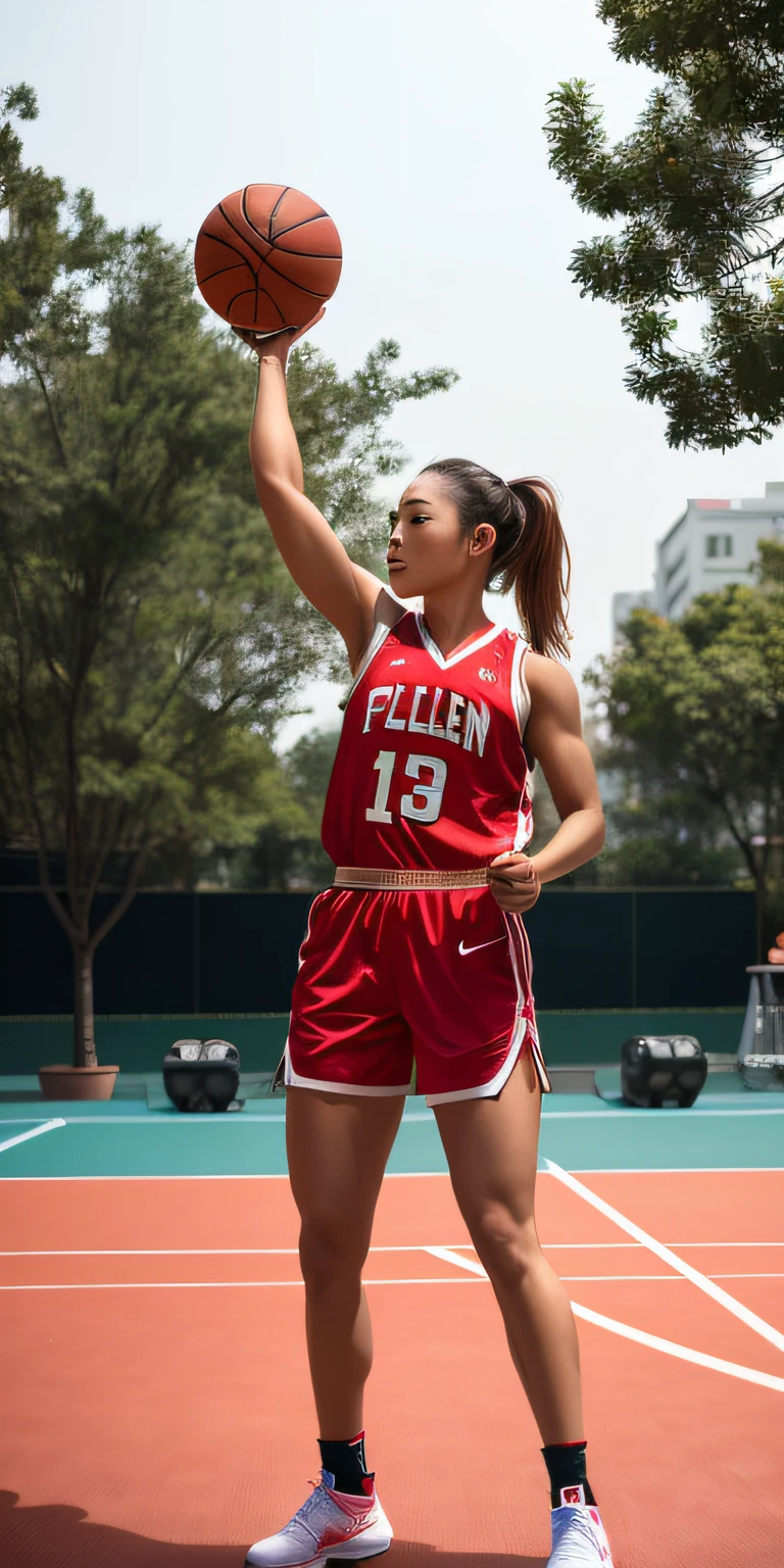 （A photo of a muscular girl playing basketball in China），Full body photo，at centre，（The is very detailed：1.2），（Standard basketball court in the background：1.1），ultra - detailed，（brightlight：1.2），A high resolution，cinematic grain.