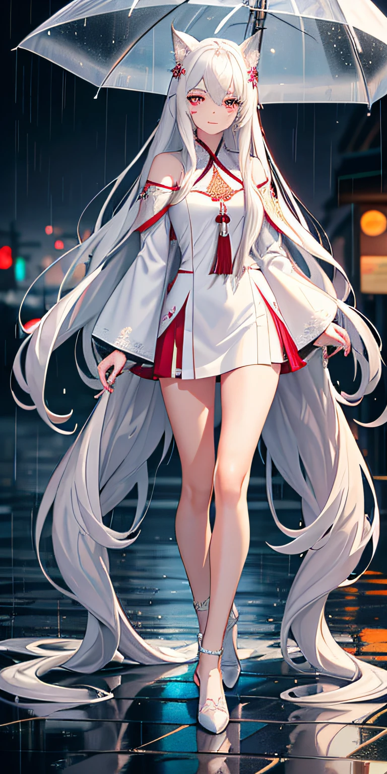 （8K masterpiece）Realistic ultra-detailed picture，Blush smile and shut up，Wear professional clothing soaked in the night rain，Long flowing hair with white lace，Wearing nine-tailed fox white hair，red pupils，On a street where it rains at night，The appointment is in progress。