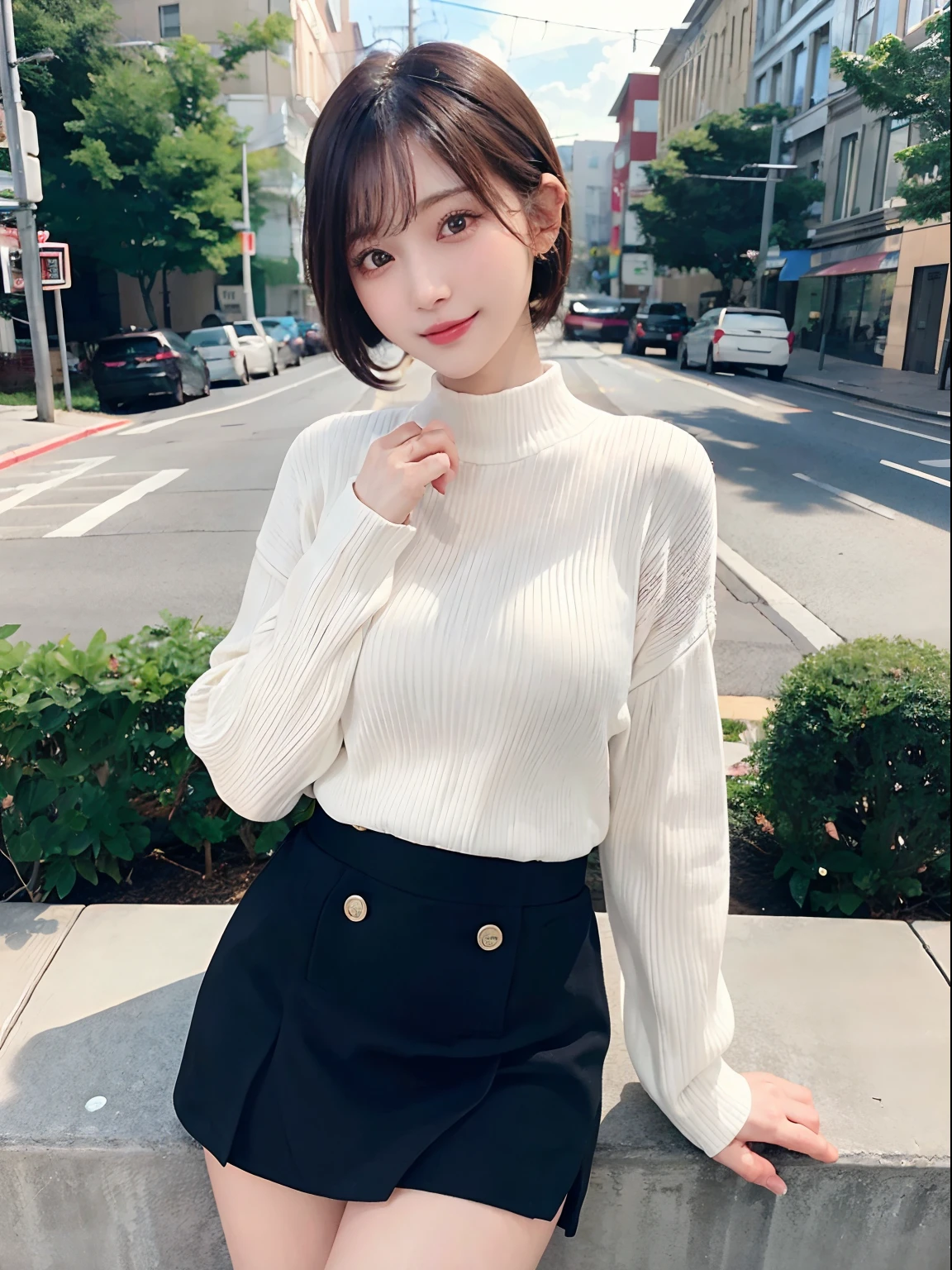 (Raw photography:1.2)、top-quality、a beautiful detailed girl、A smile、short-haired、extremely detailed eye and face、beatiful detailed eyes、huge filesize、hight resolution、8k wallpaper、finely detail、Highly detailed ticker uniform 8K wallpaper、Light on the Face、电影灯光、16-year-old girl、sexy  pose、(photorealisim:1.4)、illustratio、super detailing、a miniskirt