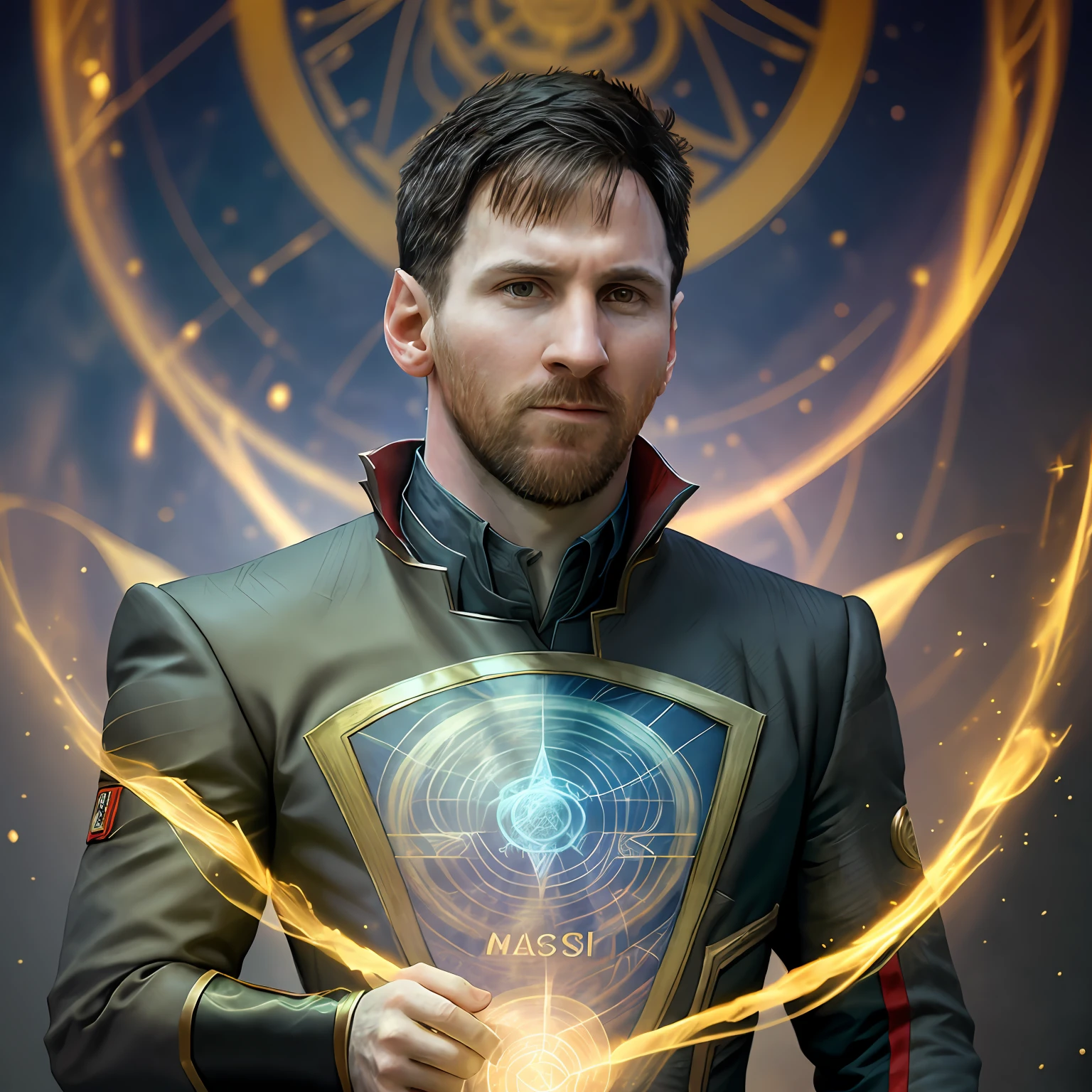 (Messi wearing a Doctor Strange costume)
