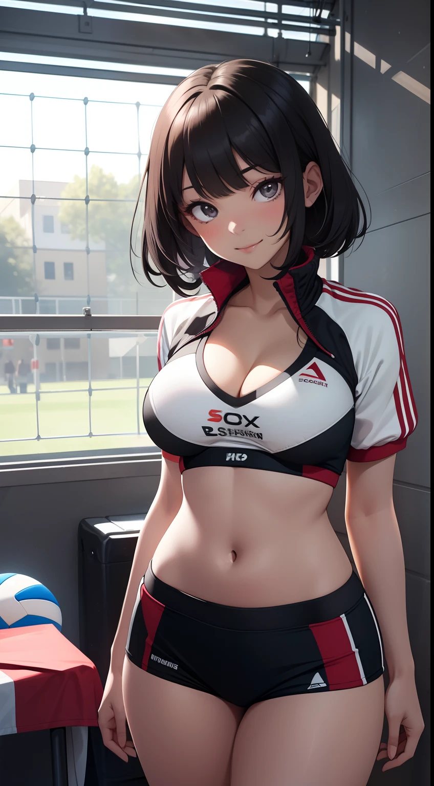 (Best quality:1.1), (Masterpiece:1.2), 1 girl，track suit，are standing，Highqualityshadow, Beautiful detailed, Beautiful face, Detailed eyes,Depth of field, big laughter，A high resolution, Best shadow, Best illumination, Kizi, view the viewer, （Five-color hair:1.3)，Brush cut，extra very short hair, Blunt bangs, Long hair, Black eyes, Shy, Large breasts, Miniskirt, Volleyball hall，inside in room，Exercise posture， Sunburn，Boo marker，cleavage，looks into camera，ssmile，closeup cleavage，Superskirt