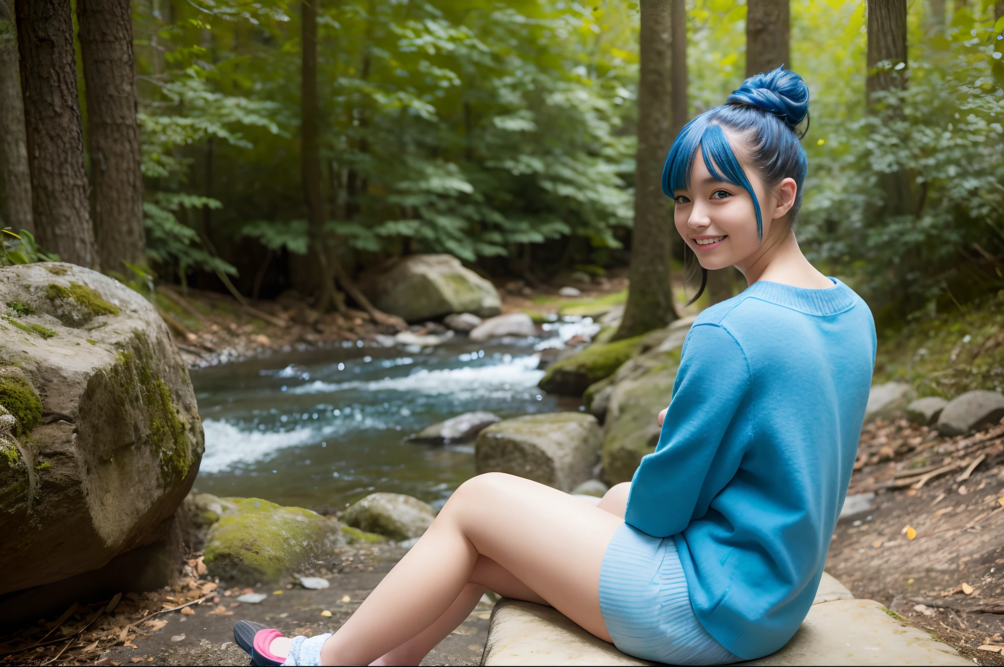 17 years old girl, blue hairs, Hair buns, sitting on, camp, plein air, the woods, camp fire,, anirl, top-quality, 超A high resolution,realisitic、Happy smile