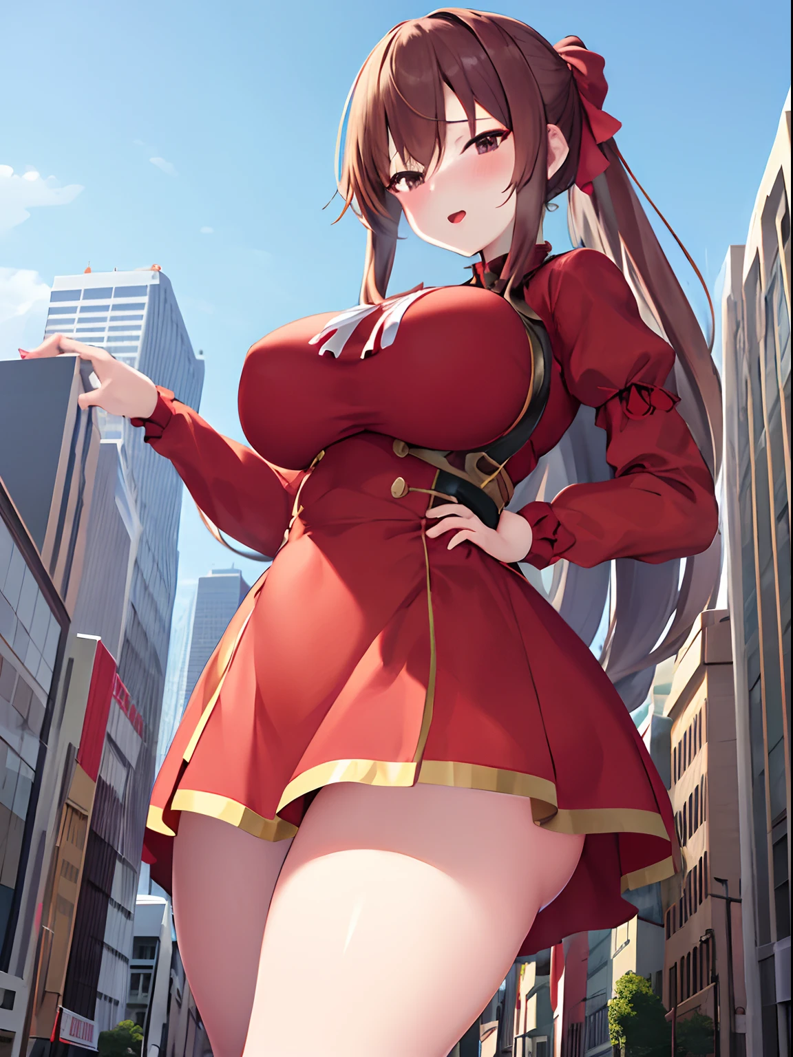 anime girl in red dress with huge booby sitting on a city street, giantess art, oppai proportions, oppai, highly detailed giantess shot, giantess, biomechanical oppai, thicc, giant stunning goddess shot, giantess shot, large thighs, extremely detailed giantess shot, small curvy loli, macro giantess, heavy detailed