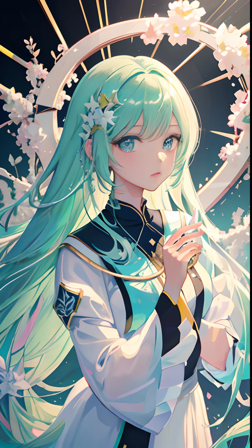(masterpiece), (best quality), (ultra detailed),(disheed hair),(illustration), (1girl), (Fashionable clothing), standing, Fashion model, looking at viewer, (interview), (simple background),美丽细致的眼睛,Delicate and Pretty Face,afloat,(high saturated),(Colorful splashes),Colorful bubbles,diamond,(shine),focus onface,White to light green gradient hair,By bangs,Hair rings,Floating flowers,Long floating hair。Kizi, anime waifu, looking at viewer, highly detailed, reflections transparent iridescent colors, long transparent iridescent RGB hair, artby Serafleur from artstation, thick acrylic,Illustration on pixiv,Portrait of waist up,gorgeous sacred girl,Best quality at best,ultra - detailed,serenidade,clever,Nice face,Nice lighting on black background,The character style rendered by Octane,Tarot wind