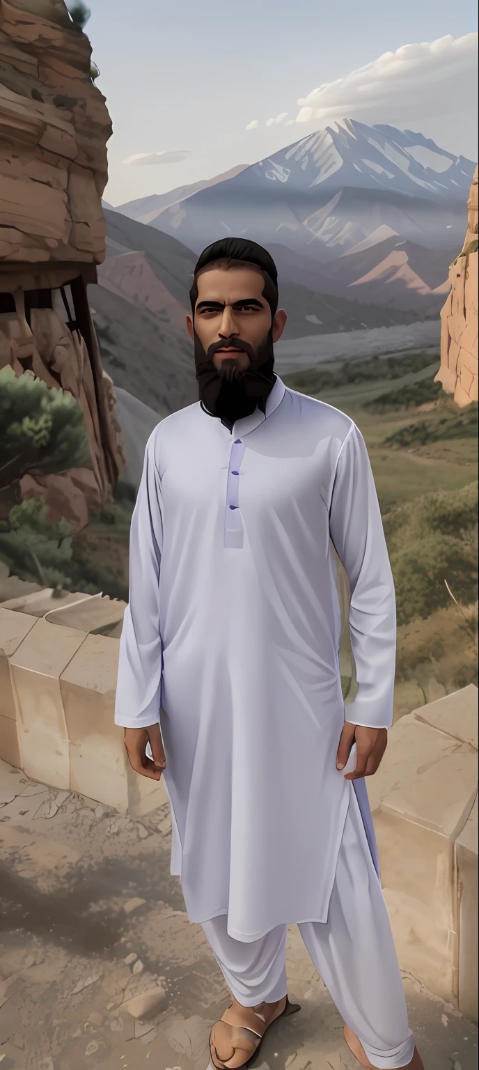 arafed man standing on a road with a mountain in the background, dressed thobe, wearing a kurta, khyzyl saleem, front side, full body picture, very clear picture, kyza saleem, around 1 9 years old, full body photograph, without beard, an afghan male type, full body photogenic shot, front side full
