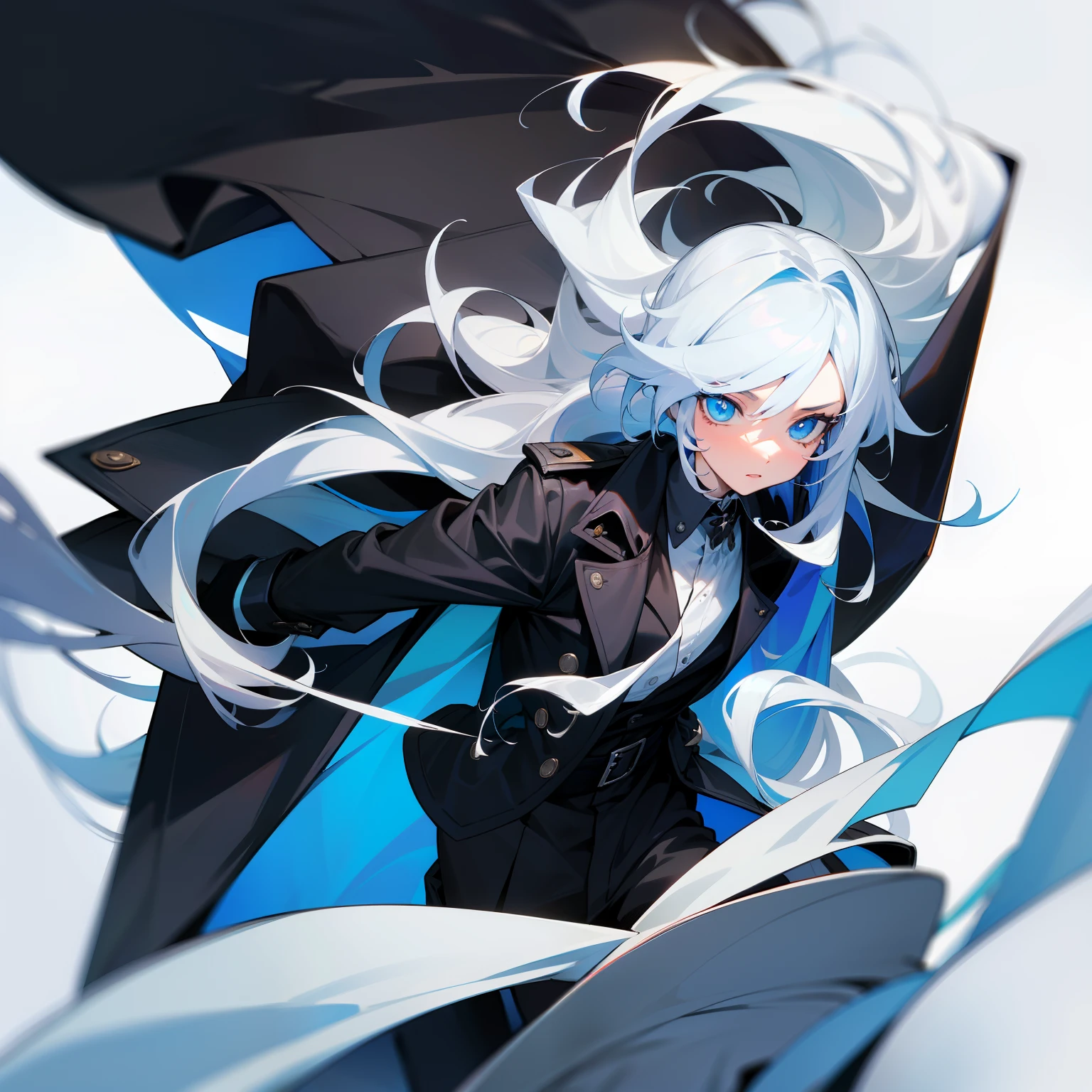 (tmasterpiece，best qualtiy)，1 long white hair，Blue-eyed femboy ，a black trench coat