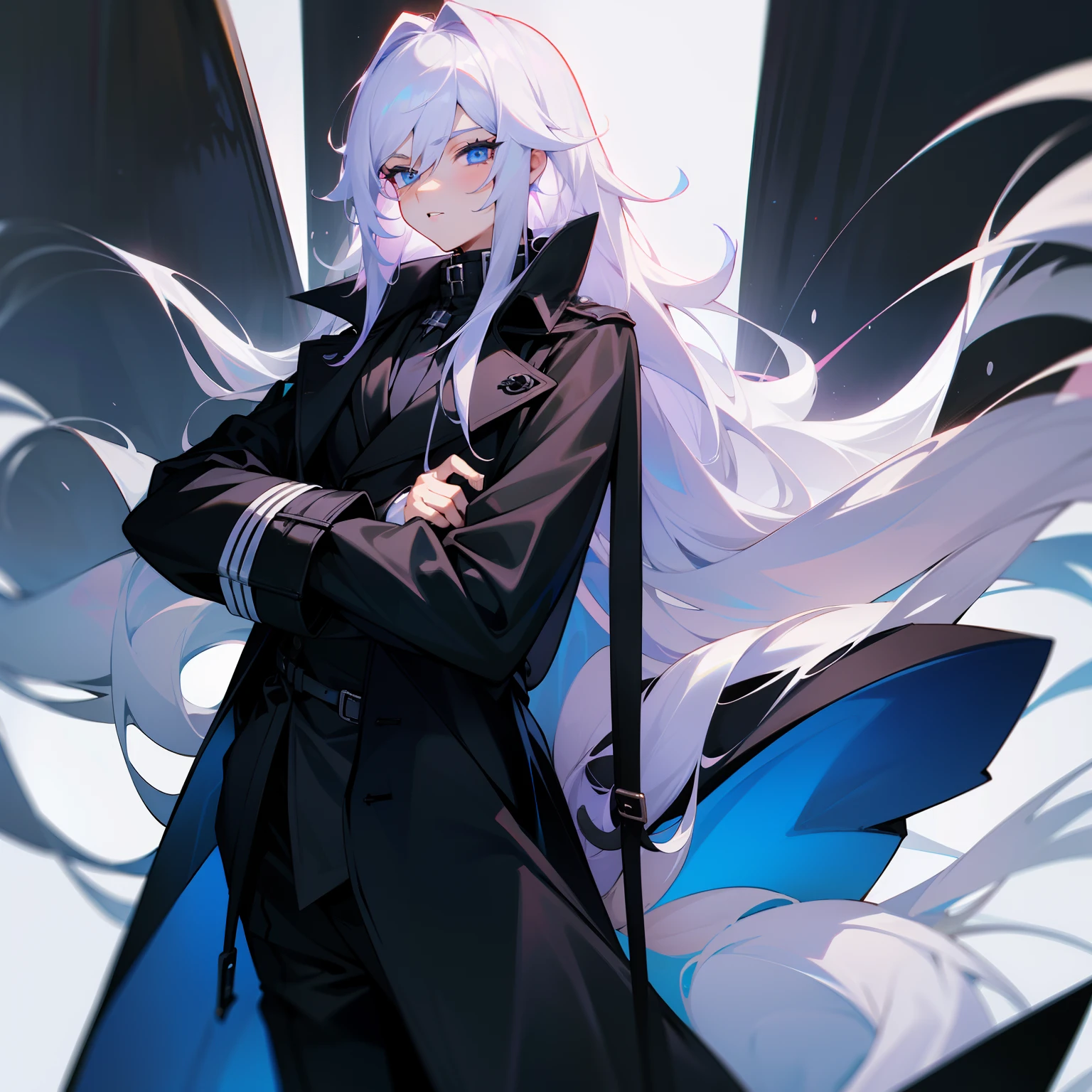 (tmasterpiece,best qualtiy),1 long white hair,Blue-eyed femboy ,a black trench coat