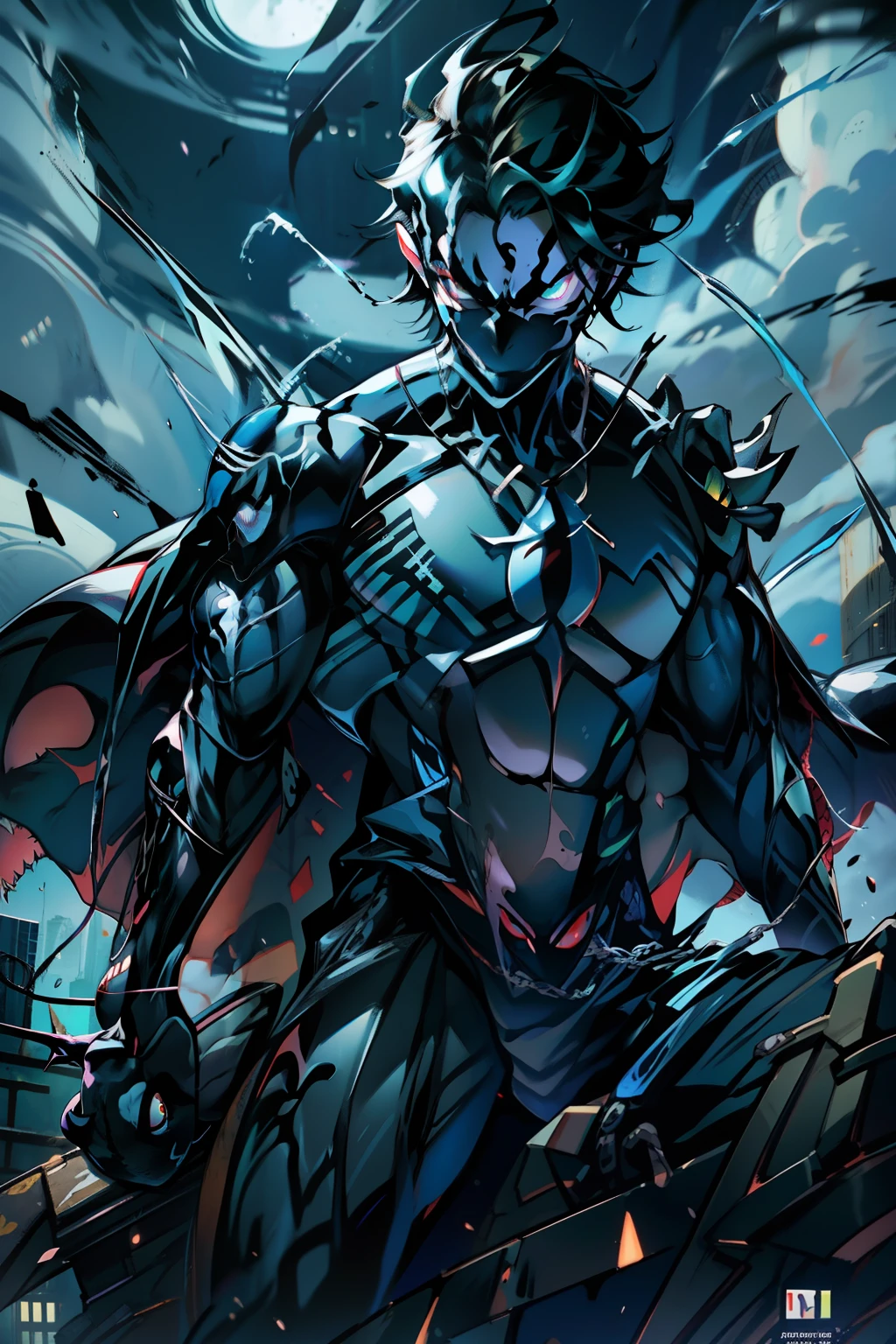 《the original god》Arataki Kazuto , male people， chest muscle， Sexy , Venom symbiote for your body, Black mucus of the body , into venom, venomize，Black bodysuit，（Cloak），Red cape，Abs，（Adult male）（（Venom possession，venom symbiote）），over-Tortoise Man，Battle damage，((Masterpiece)), ((Best quality)), Ultra detailed,((illustration)), Dynamic Angle, Detailed light, (Delicate eyes), Floating, 1boy, Male focus, Head, Clothing, Yellow eyes, necklace, tattoo, (Forehead:0.8), (ahoge:0.8), jewelry, brunette color hair,apathy，Ray， chest muscle， Sexy , Venom symbiote for your body, Black mucus of the body , （into venom）, Venom，frontage，Bust photo，White tight-fitting top，spiderman outfit，style of anime4 K， 4K anime wallpaper， Badass anime 8 K， 4 k comic wallpaper， young anime man， Anime boys， Anime wallpapers 4 k， Anime wallpaper 4K， High quality anime art style， Anime moe art style， Anime art wallpaper 8 K， Anime art wallpaper 4 K， RGB lighting，