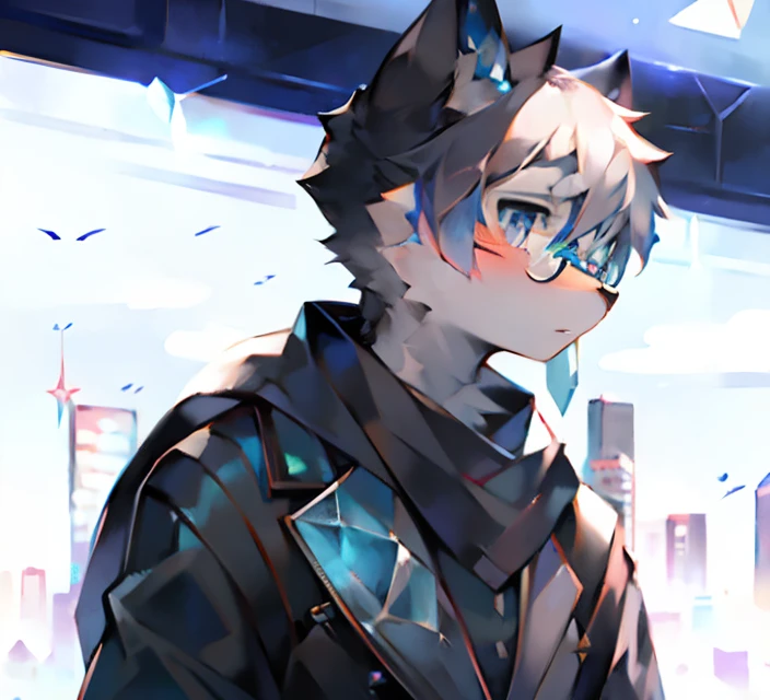 Highest quality, delicate painting style, delicate hook line, masterpiece, delicate skin, delicate hair, complete painting, masterpiece, delicate hands, delicate eyes, normal eyes, gray cat ears, furry, black frame round glasses, blue eyes, handsome, ((white scarf)), cat style, Shota, cyberpunk, blue pupils, city night view, gray crystal wings, mottled light and shadow, boy, bright eyes of God. , crystal shards in the air, cities, gray fur