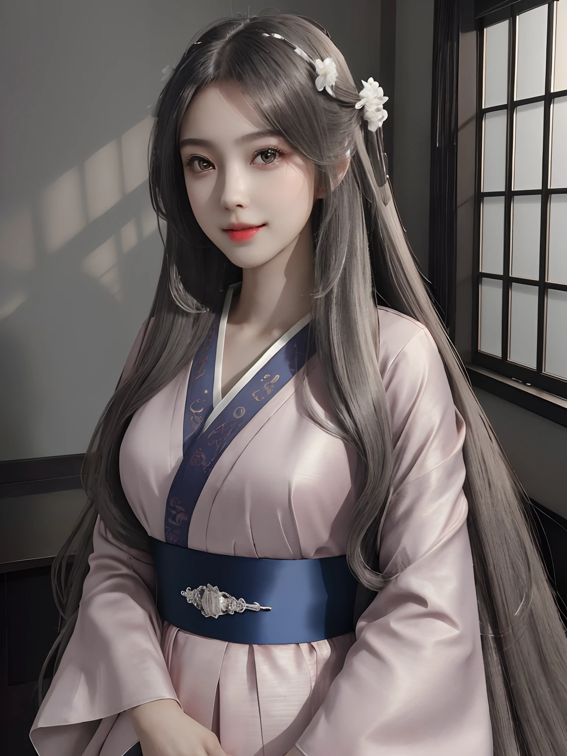 (8k, RAW photo, best quality, mastery:1.2), (realistic, photo-realistic:1.37),Professional lighting，photon maping，Radio City，physically-based renderingt，Beautiful studio soft light，CG，Wallpapers，The is very detailed，（ ore details:1.3),1girl,Perfect face,Perfect eyes,年轻,long eyelasher,Pout,(long whitr hair:1.3),Pout,(full bodyesbian:1.5),Long hair,largeeyes,tilts your head,Hair accessories，Casual pose，ssmile，（（Hanfu，Ming style）：1.5）Full body photo，flower  field，SakuraNS，