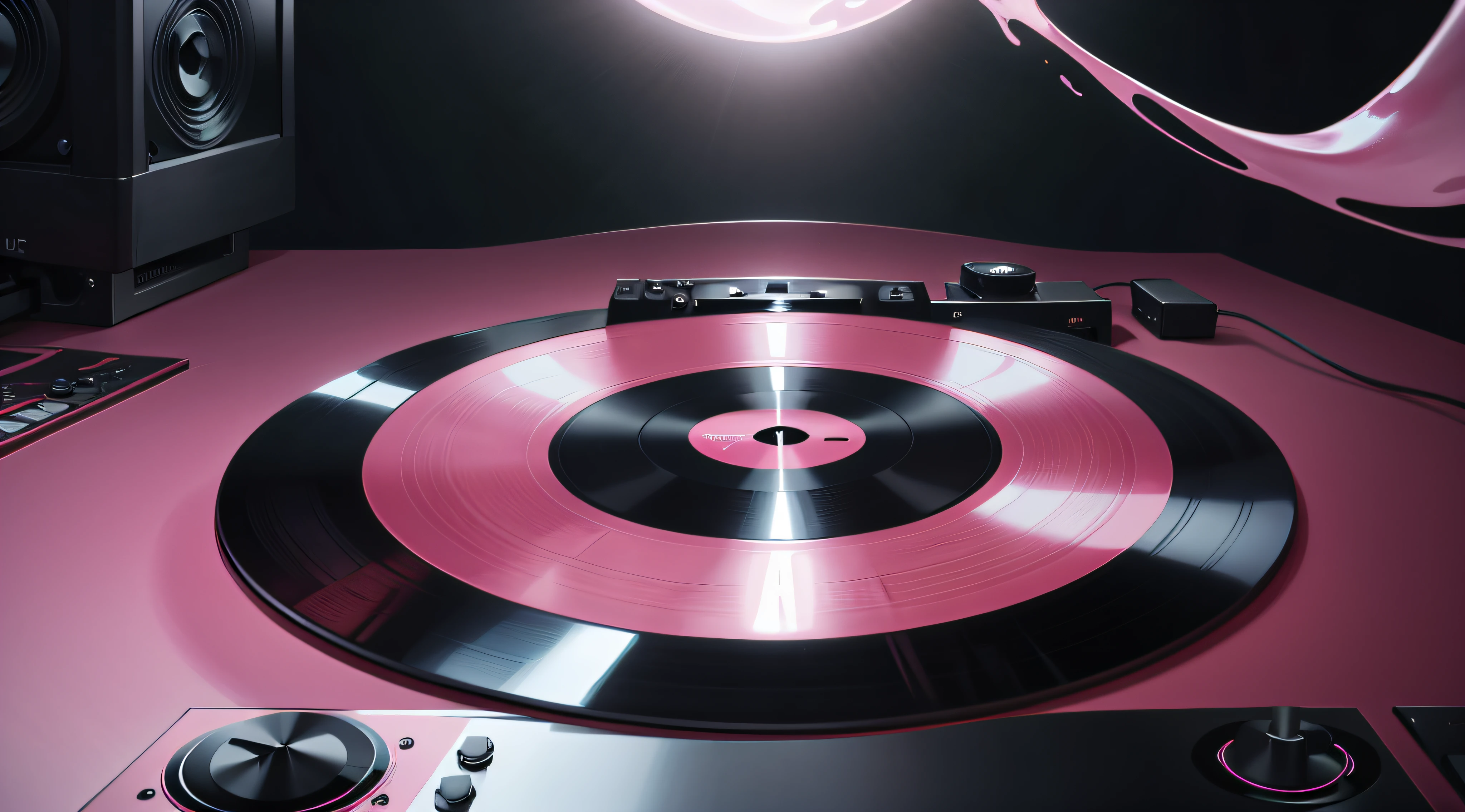 Vinyl player elements, Pink predominantly, Phantom shop blend tool effect, Color fluid effect, Ultra-clear picture quality, Cool colors, 8K