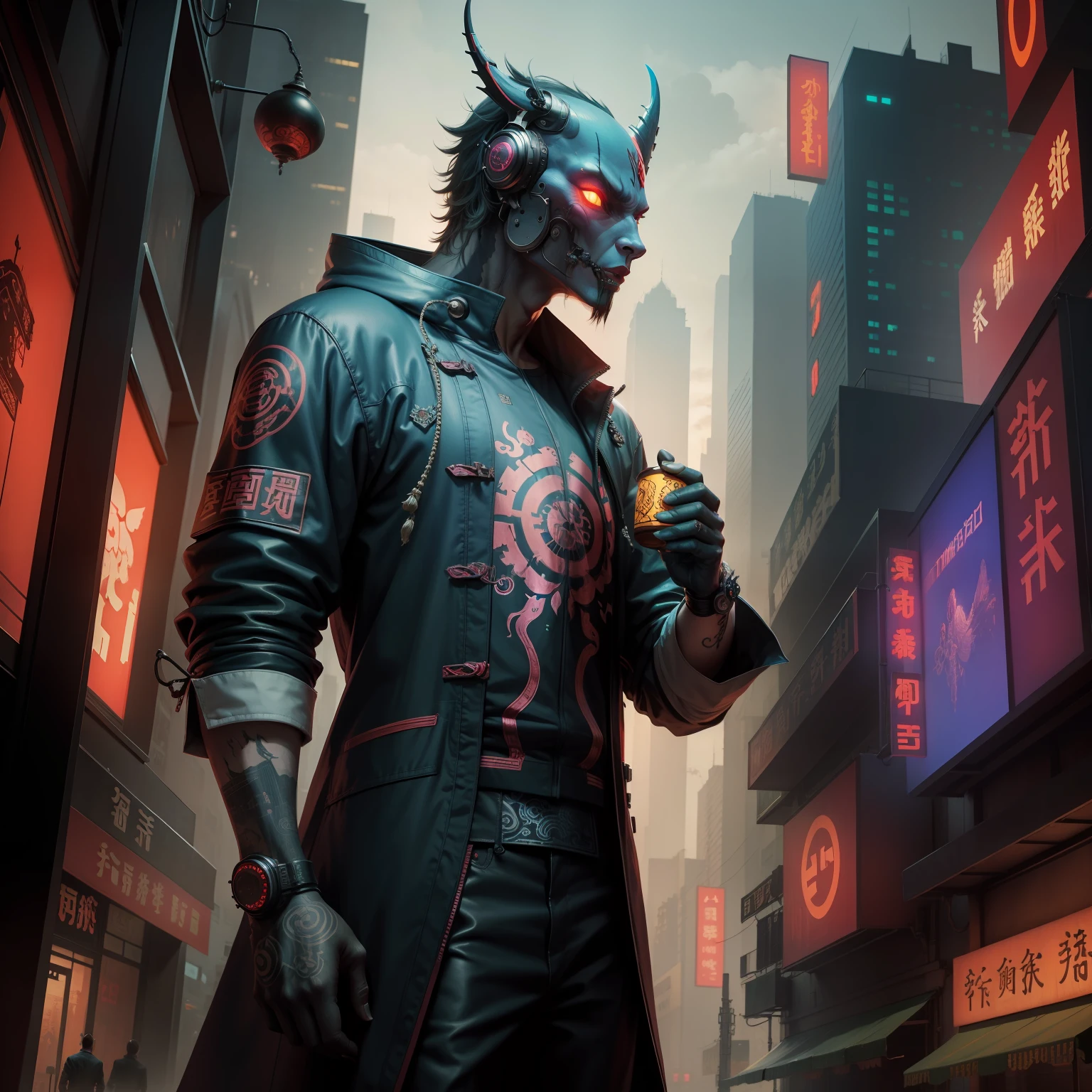chinoiserie, city, cyberpunk, tech, monster, fine details, surrealism