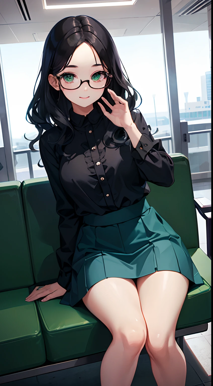 ((Best Quality)), (Ultra-detailed), ((Extremely detailed)), (Beautiful), ((Kawaii Girl)),Medium Hair,Forehead,Dark blue hair,(Wavy Hair),Green eyes,smock blouse,Mini skirt,Round Eyewear Black,regular breasts,Airport lobby,One Woman