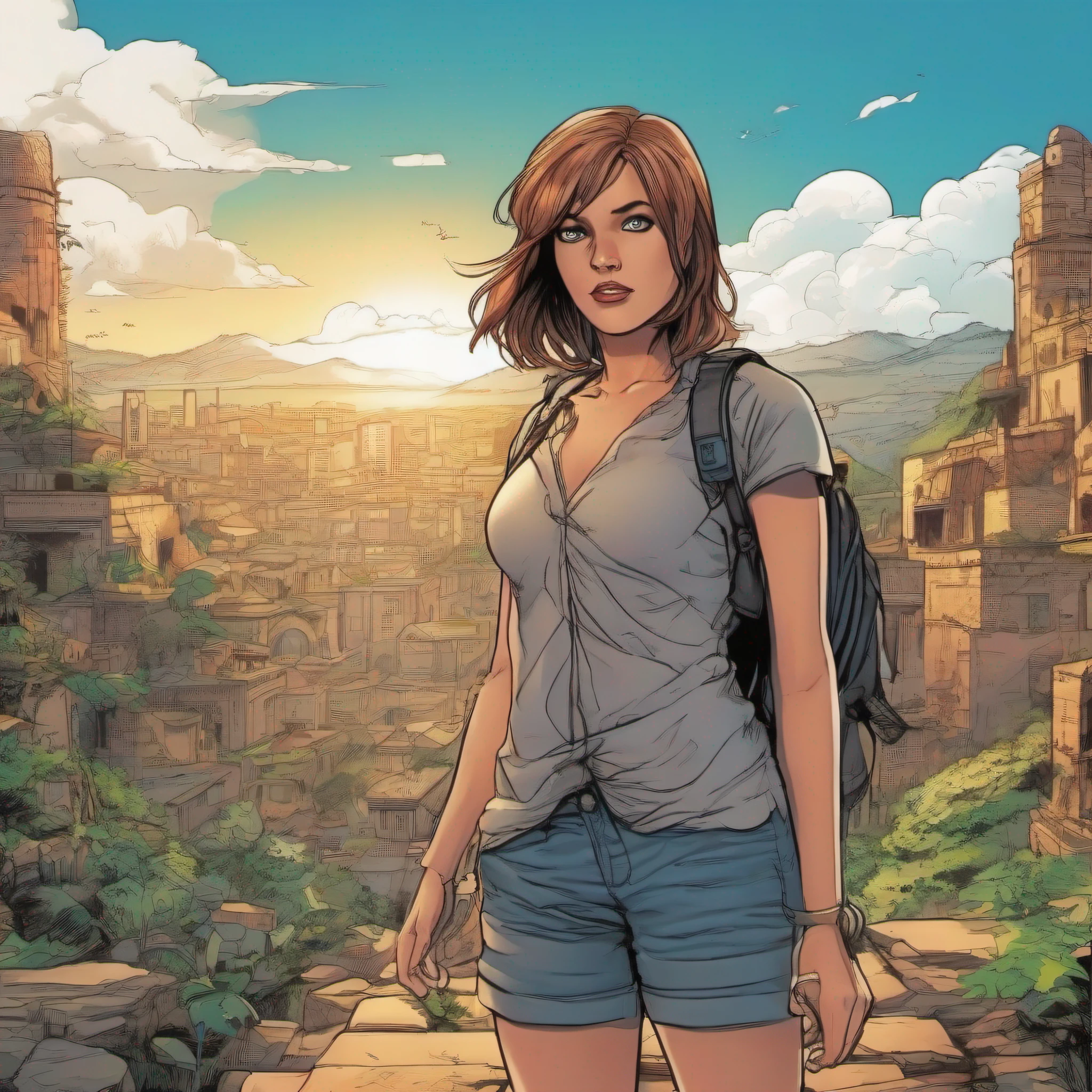 A girl waking in a lost city looking with you