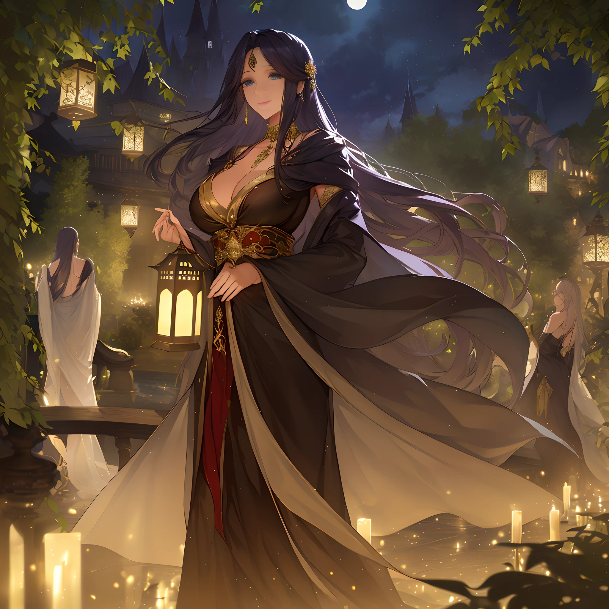 req:(majestic beauty:1.15), (hyperdetailed:1.1), (alluring curves:1.2), (enchanting eyes:1.2), (flowing dark locks:1.1), (elegant robe:1.2), (subtle sensuality:0.85), (mesmerizing presence:1.1), moonlit terrace, cascading vines, holding a glowing lantern, mysterious night.
