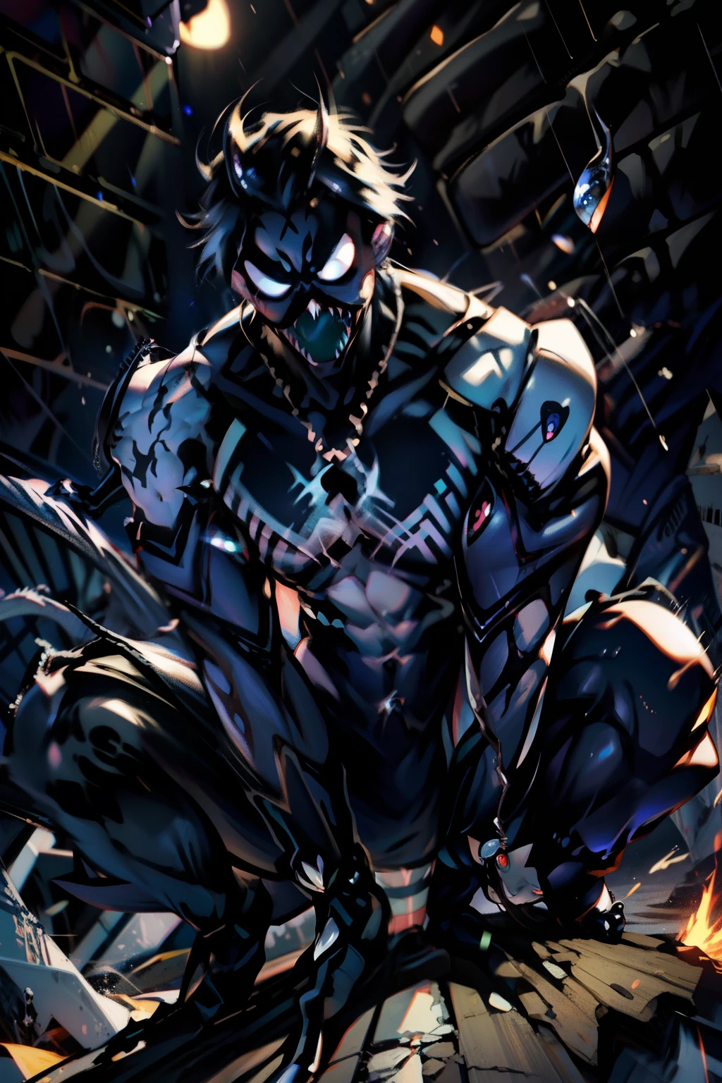 《the original god》Arataki Kazuto , male people， chest muscle， Sexy , Venom symbiote for your body, Black mucus of the body , into venom, venomize，Black bodysuit，（Cloak），Red cape，Abs，（Adult male）（（Venom possession，venom symbiote）），over-Tortoise Man，Battle damage，((Masterpiece)), ((Best quality)), Ultra detailed,((illustration)), Dynamic Angle, Detailed light, (Delicate eyes), Floating, 1boy, Male focus, Head, Clothing, Yellow eyes, necklace, tattoo, (Forehead:0.8), (ahoge:0.8), jewelry, brunette color hair,apathy，Ray， chest muscle， Sexy , Venom symbiote for your body, Black mucus of the body , （into venom）, Venom，frontage，Bust photo，White tight-fitting top，spiderman outfit，style of anime4 K， 4K anime wallpaper， Badass anime 8 K， 4 k comic wallpaper， young anime man， Anime boys， Anime wallpapers 4 k， Anime wallpaper 4K， High quality anime art style， Anime moe art style， Anime art wallpaper 8 K， Anime art wallpaper 4 K， RGB lighting，