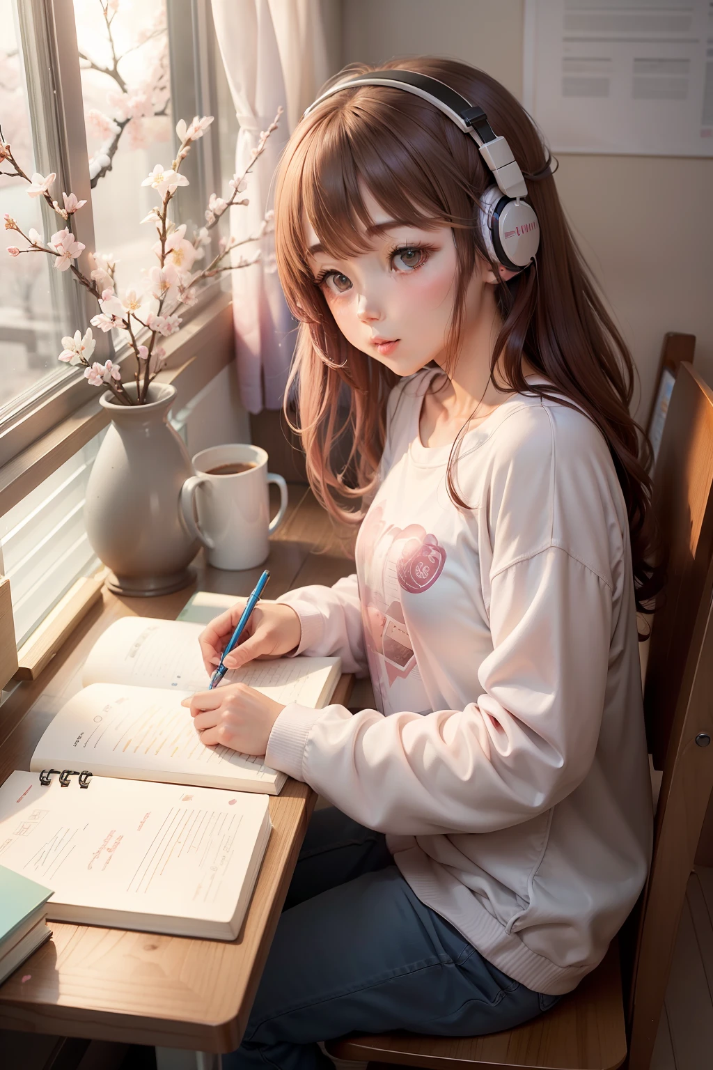 Cherry blossom petals、window、Sakura blizzard、Girl writing letter with mechanical pen in notebook、Open textbook、head phone、Plain long shirt in a larger size、Looking at notes seriously、apartament