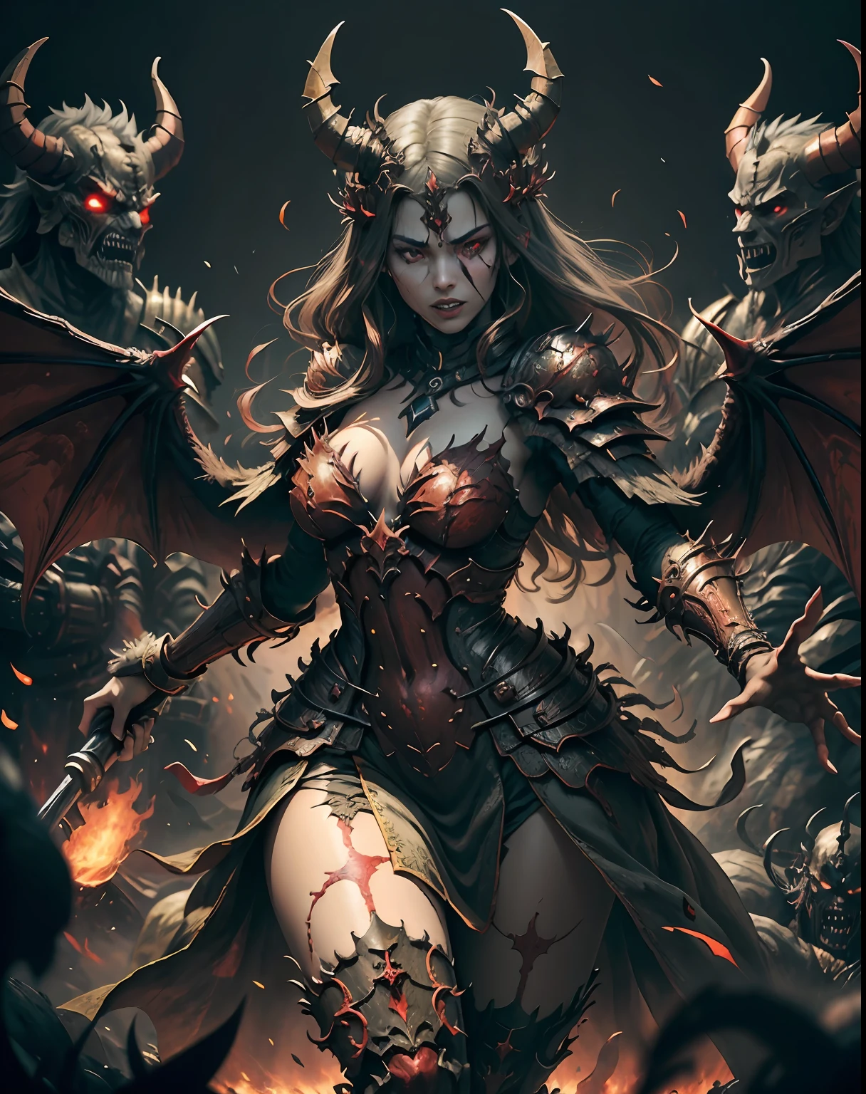 Scary Legendary demon in kingdom of hell blazing fire with army of demons