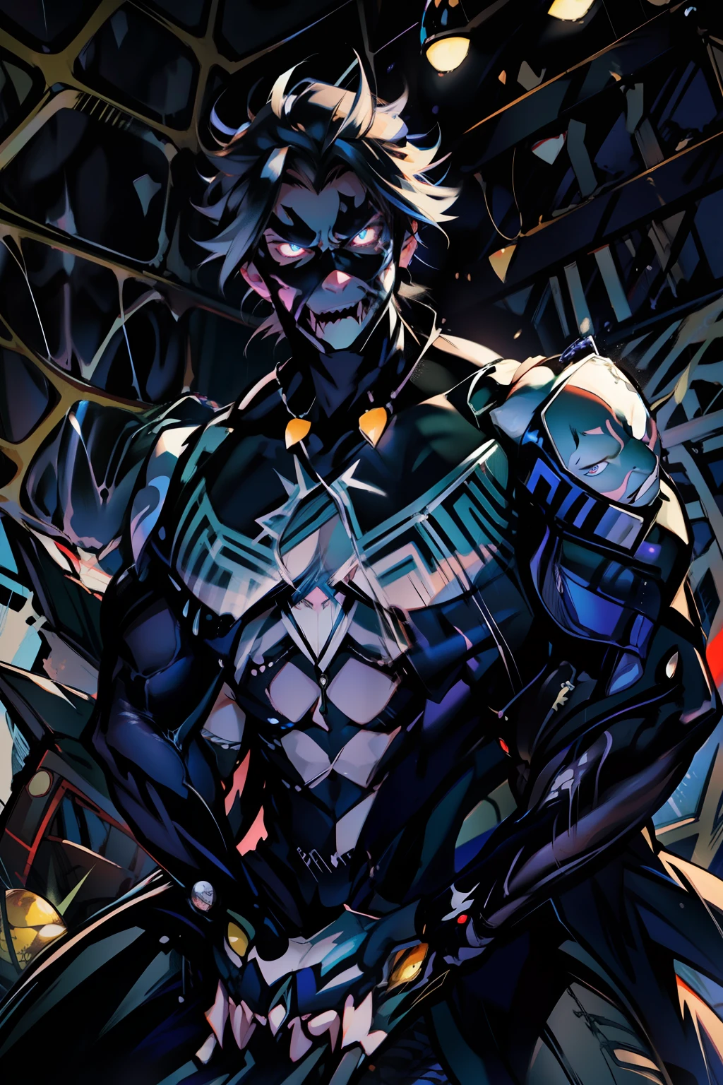 《the original god》Arataki Kazuto , male people, chest muscle, Sexy , Venom symbiote for your body, Black mucus of the body , into venom, venomize,Black bodysuit,(Cloak),Red cape,Abs,(Adult male)((Venom possession,venom symbiote)),over-Tortoise Man,Battle damage,((Masterpiece)), ((Best quality)), Ultra detailed,((illustration)), Dynamic Angle, Detailed light, (Delicate eyes), Floating, 1boy, Male focus, Head, Clothing, Yellow eyes, necklace, tattoo, (Forehead:0.8), (ahoge:0.8), jewelry, brunette color hair,apathy,Ray, chest muscle, Sexy , Venom symbiote for your body, Black mucus of the body , (into venom), Venom,frontage,Bust photo,White tight-fitting top,spiderman outfit,style of anime4 K, 4K anime wallpaper, Badass anime 8 K, 4 k comic wallpaper, young anime man, Anime boys, Anime wallpapers 4 k, Anime wallpaper 4K, High quality anime art style, Anime moe art style, Anime art wallpaper 8 K, Anime art wallpaper 4 K, RGB lighting,