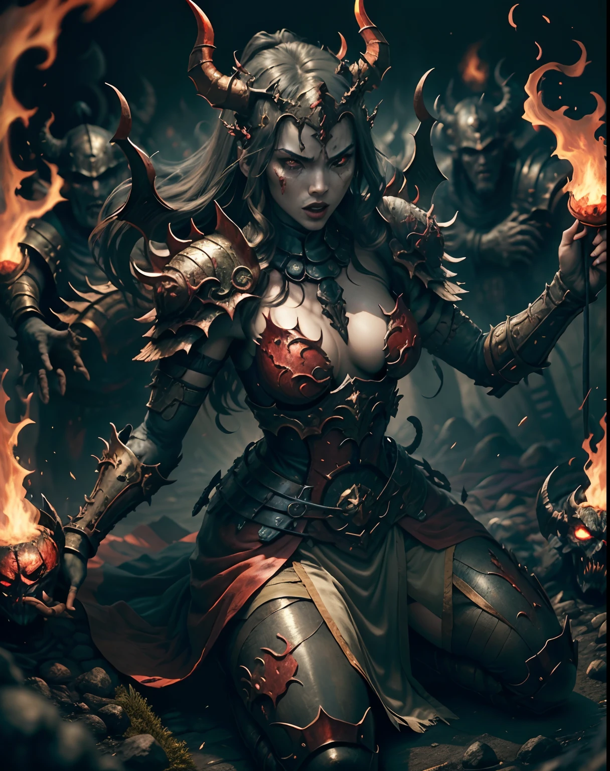 Scary Legendary demon in kingdom of hell blazing fire with army of demons