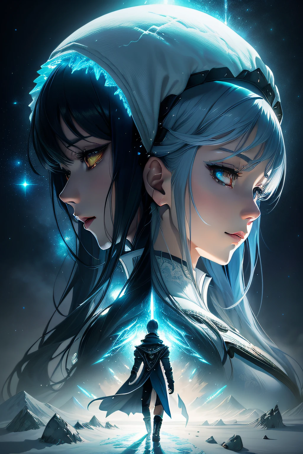 Ice and snow backgrounds of two anime characters，（Young man with short black hair in white jacket and young woman with long blue hair wearing white lace，Delicate skin and delicate face，Wearing white lace：1.7）An anime cover, modern sci-fi anime, sci fi anime, sci fi anime, 2 0 21 anime, style of anime4 K, nightcore, Avatar image, Doomsday Frozen Novel Cover Art, Official anime artwork, sakimichan and frank franzzeta, infinite celestial library, High quality anime art style，Doomsday freezes，Cinematic lighting, Atmospheric perspective, Best quality