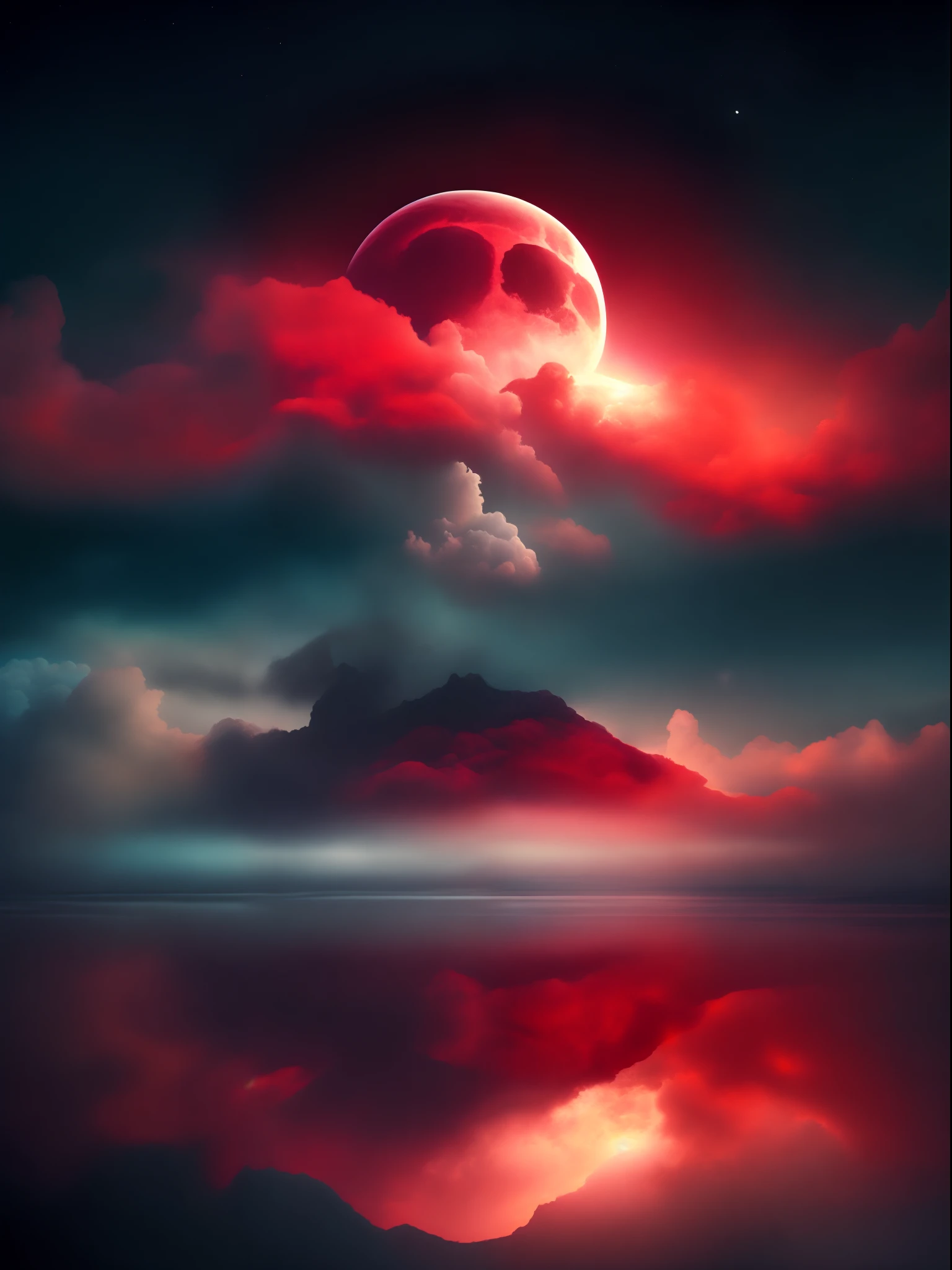 "Obra maestra surrealista. calidad excepcional. detalles sorprendentes. Surreal CG rendering of a dark red moon rising above a tranquil lake surrounded by red clouds, autoiluminado, Large area of clouds and fog in luminous tones, celestial lighting, Cosmic illumination, Experience the fusion of abstract and realistic elements. Colores vibrantes y contrastantes. Mysterious atmosphere. Surrealist technique in the representation of objects and figures. Organic textures and shapes. Dreamlike inspiration. Surprising composition and perspective. Adentrarse en un mundo surrealista lleno de sorpresas y emociones."