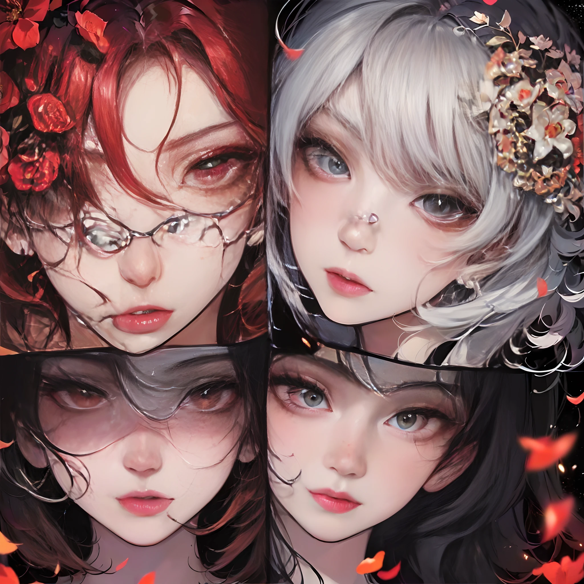 A girl,Solo,(half face,Half-sided split screen,Half face opposite,Flowers,Central cullet,Intricate mechanical parts:1.35),(Left half of the face+Right half of the face,face:1.45),