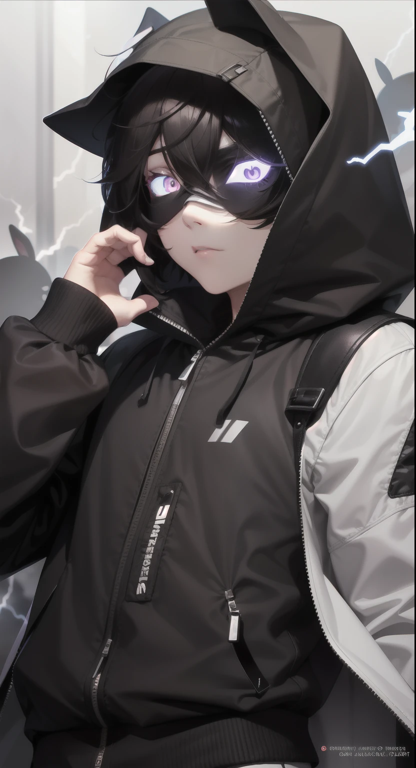 1boy, slightly short hair, dark brown hair color, some strands of gray hair, wearing a black rabbit mask with white eyes without a mouth covering half of his face, black jacket with the lightning logo on his left, with a white shirt, cream skin, anime style, ultra detail, 70mm lens ,