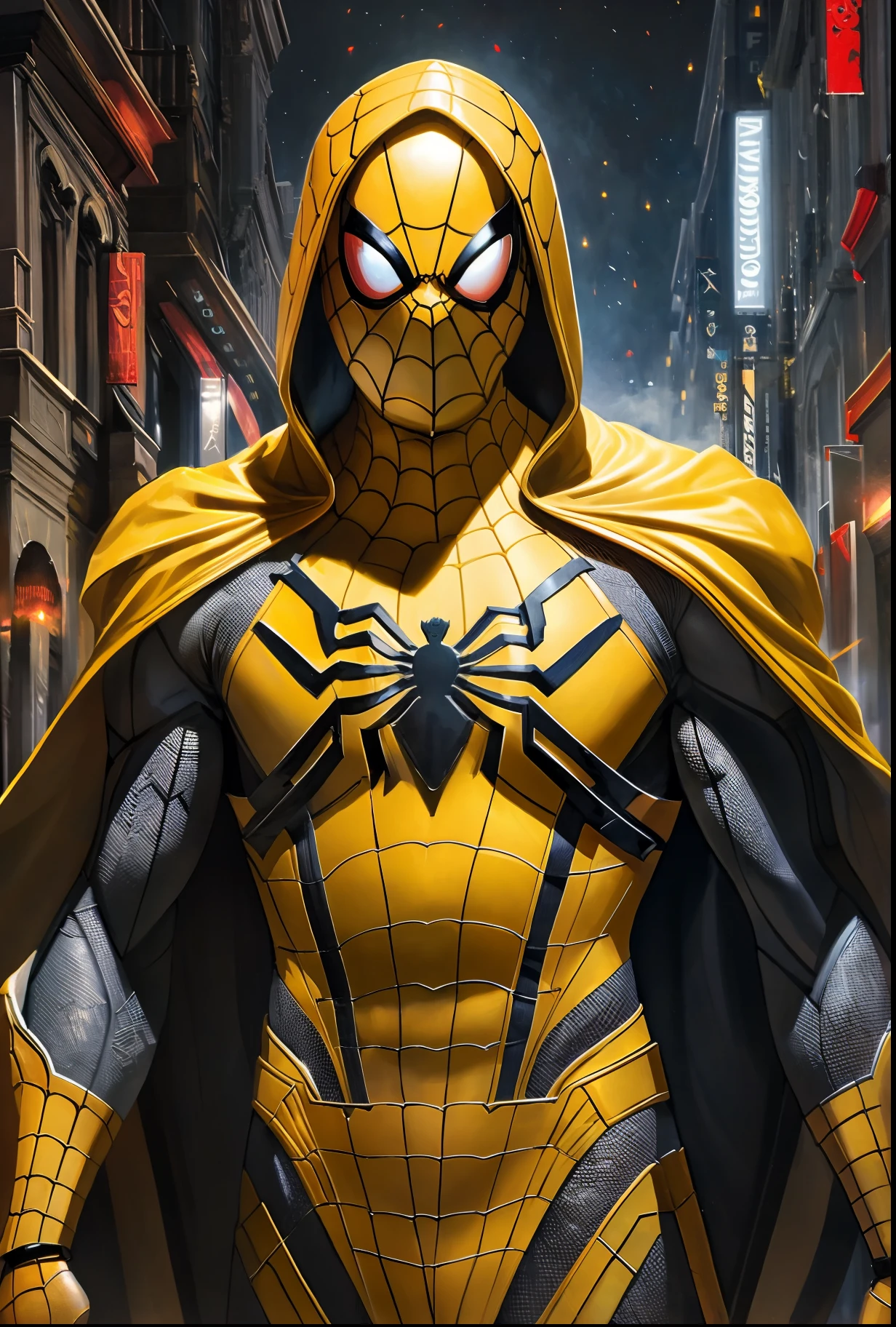 (Best quality),(masterpiece),(ultra detailed),(high detailed),(extremely detailed),full body shot of spiderman in Yellow armour style suit, no mask on, white cape, looking at center camera, perfect composition, beautiful detailed intricate insanely detailed octane render trending on artstation, 8 k artistic photography, photorealistic concept art, soft natural volumetric cinematic perfect light, chiaroscuro, award - winning photograph, masterpiece, oil on canvas, raphael, caravaggio, greg rutkowski, beeple, beksinski, giger, trending on artstation, sharp focus, studio photo, intricate details, highly detailed, night city background, by greg rutkowski