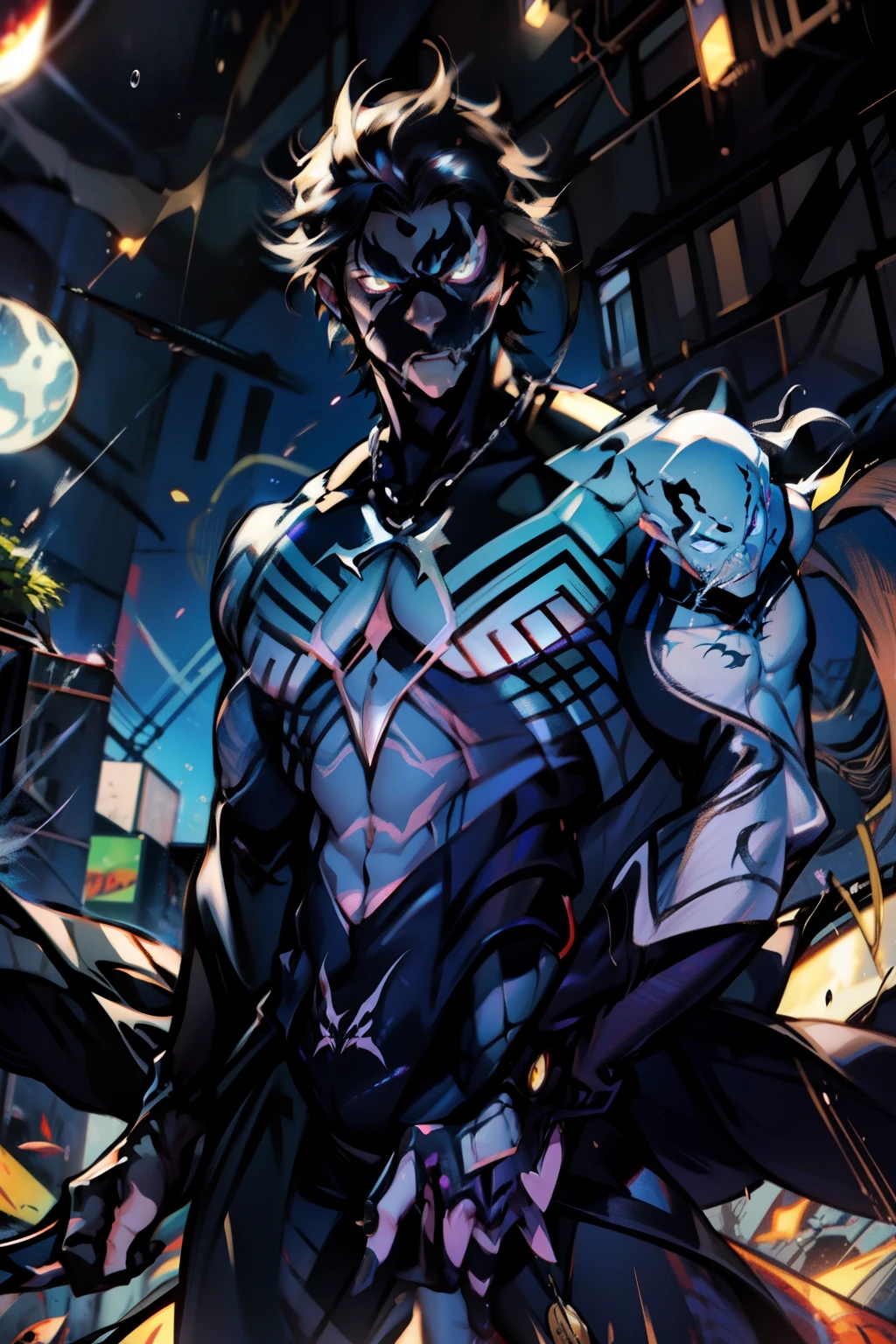 《the original god》Arataki Kazuto , male people, chest muscle, Sexy , Venom symbiote for your body, Black mucus of the body , into venom, venomize,Black bodysuit,(Cloak),Red cape,Abs,(Adult male)((Venom possession,venom symbiote)),over-Tortoise Man,Battle damage,((Masterpiece)), ((Best quality)), Ultra detailed,((illustration)), Dynamic Angle, Detailed light, (Delicate eyes), Floating, 1boy, Male focus, Head, Clothing, Yellow eyes, necklace, tattoo, (Forehead:0.8), (ahoge:0.8), jewelry, brunette color hair,apathy,Ray, chest muscle, Sexy , Venom symbiote for your body, Black mucus of the body , (into venom), Venom,frontage,Bust photo,White tight-fitting top,spiderman outfit,style of anime4 K, 4K anime wallpaper, Badass anime 8 K, 4 k comic wallpaper, young anime man, Anime boys, Anime wallpapers 4 k, Anime wallpaper 4K, High quality anime art style, Anime moe art style, Anime art wallpaper 8 K, Anime art wallpaper 4 K, RGB lighting,