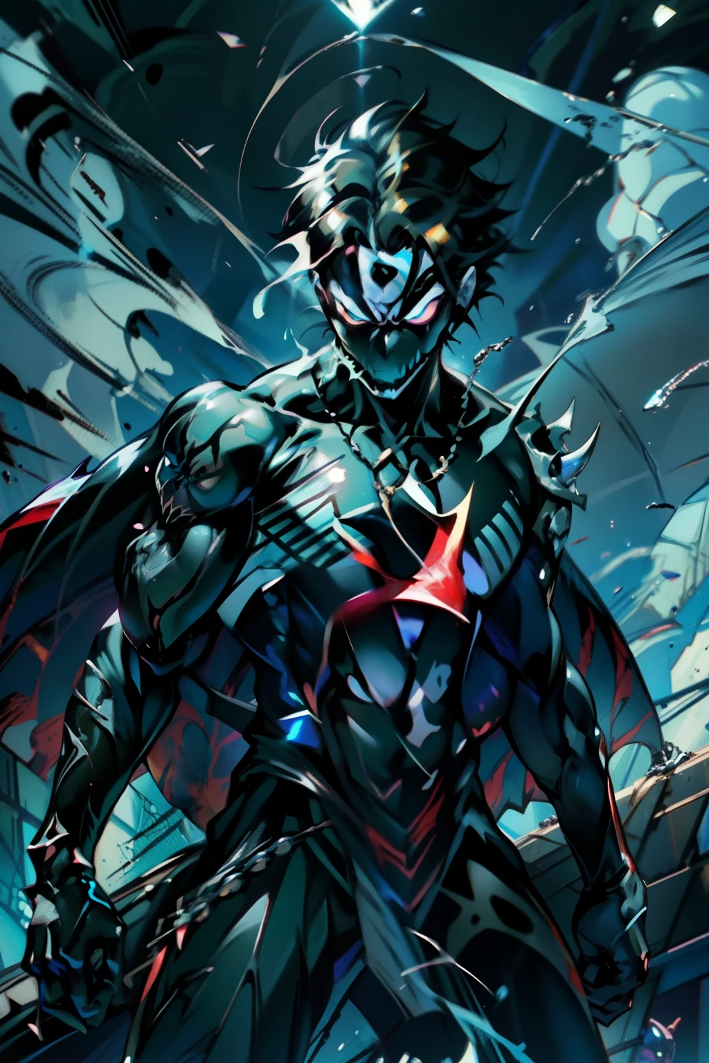 《the original god》Arataki Kazuto , male people, chest muscle, Sexy , Venom symbiote for your body, Black mucus of the body , into venom, venomize,Black bodysuit,(Cloak),Red cape,Abs,(Adult male)((Venom possession,venom symbiote)),over-Tortoise Man,Battle damage,((Masterpiece)), ((Best quality)), Ultra detailed,((illustration)), Dynamic Angle, Detailed light, (Delicate eyes), Floating, 1boy, Male focus, Head, Clothing, Yellow eyes, necklace, tattoo, (Forehead:0.8), (ahoge:0.8), jewelry, brunette color hair,apathy,Ray, chest muscle, Sexy , Venom symbiote for your body, Black mucus of the body , (into venom), Venom,frontage,Bust photo,White tight-fitting top,spiderman outfit,style of anime4 K, 4K anime wallpaper, Badass anime 8 K, 4 k comic wallpaper, young anime man, Anime boys, Anime wallpapers 4 k, Anime wallpaper 4K, High quality anime art style, Anime moe art style, Anime art wallpaper 8 K, Anime art wallpaper 4 K, RGB lighting,