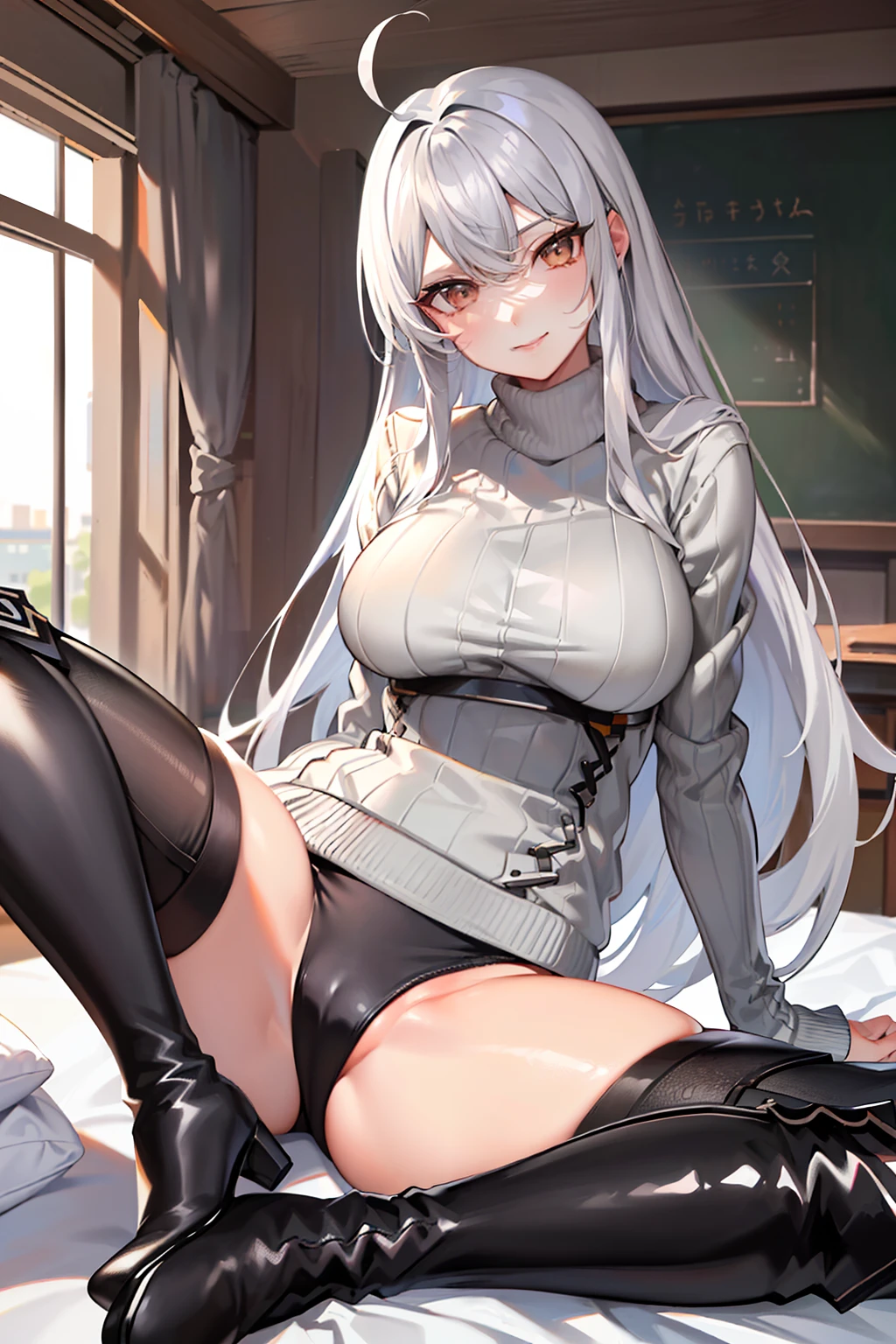 (tmasterpiece,high high quality,light grey sweater,stare,thigh boots,whaite hair,ssmile,onbed,Absolute realm,Classroom,spread their legs,low head,Leg details,Foot details,detail in face,Knee detail)