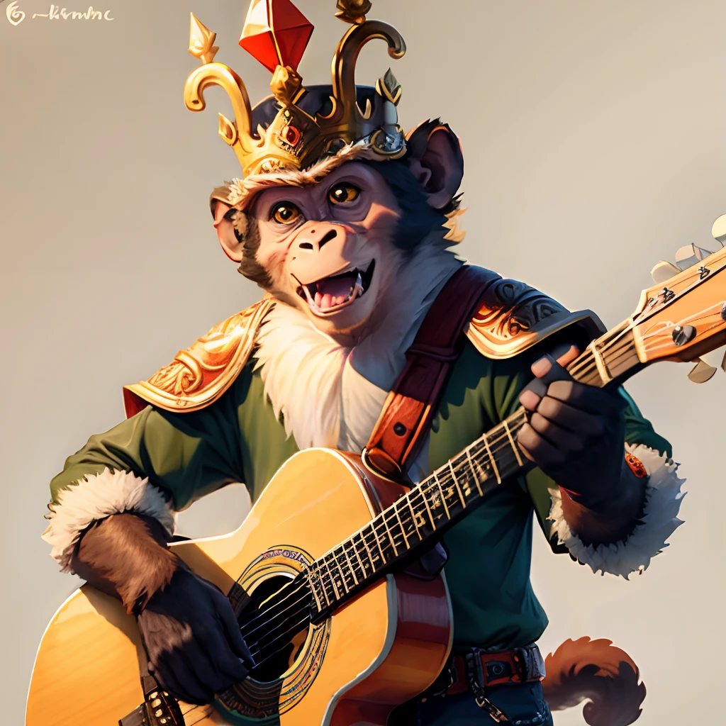 Cartoon cute Monkey King plays guitar