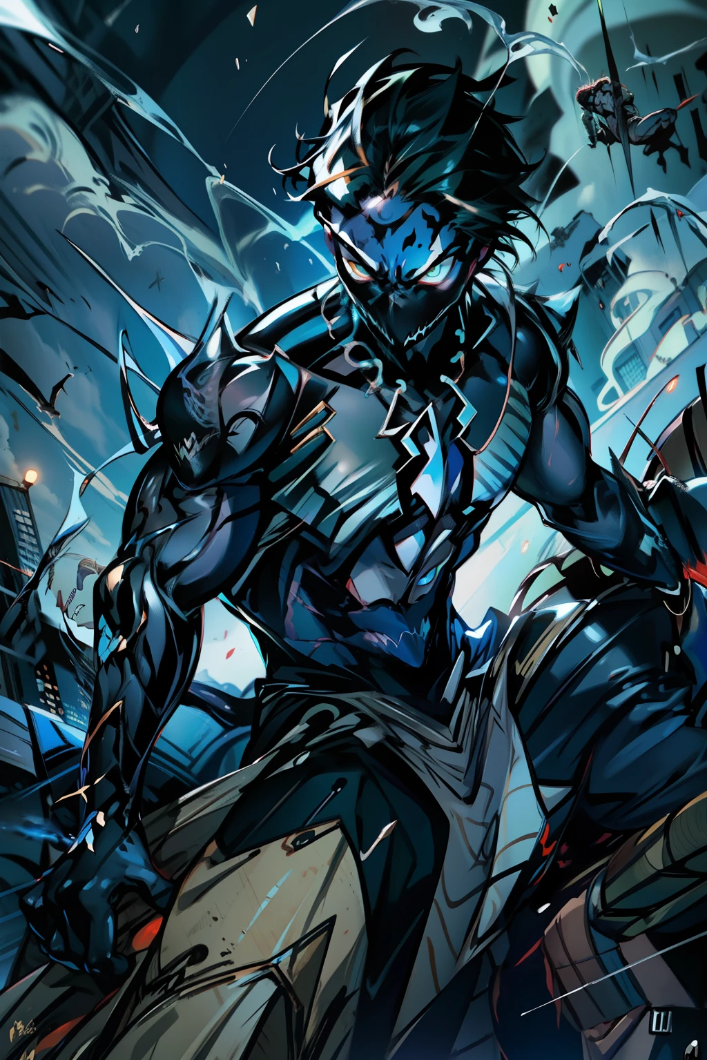 《the original god》Arataki Kazuto , male people, chest muscle, Sexy , Venom symbiote for your body, Black mucus of the body , into venom, venomize,Black bodysuit,(Cloak),Red cape,Abs,(Adult male)((Venom possession,venom symbiote)),over-Tortoise Man,Battle damage,((Masterpiece)), ((Best quality)), Ultra detailed,((illustration)), Dynamic Angle, Detailed light, (Delicate eyes), Floating, 1boy, Male focus, Head, Clothing, Yellow eyes, necklace, tattoo, (Forehead:0.8), (ahoge:0.8), jewelry, brunette color hair,apathy,Ray, chest muscle, Sexy , Venom symbiote for your body, Black mucus of the body , (into venom), Venom,frontage,Bust photo,White tight-fitting top,spiderman outfit,style of anime4 K, 4K anime wallpaper, Badass anime 8 K, 4 k comic wallpaper, young anime man, Anime boys, Anime wallpapers 4 k, Anime wallpaper 4K, High quality anime art style, Anime moe art style, Anime art wallpaper 8 K, Anime art wallpaper 4 K, RGB lighting,
