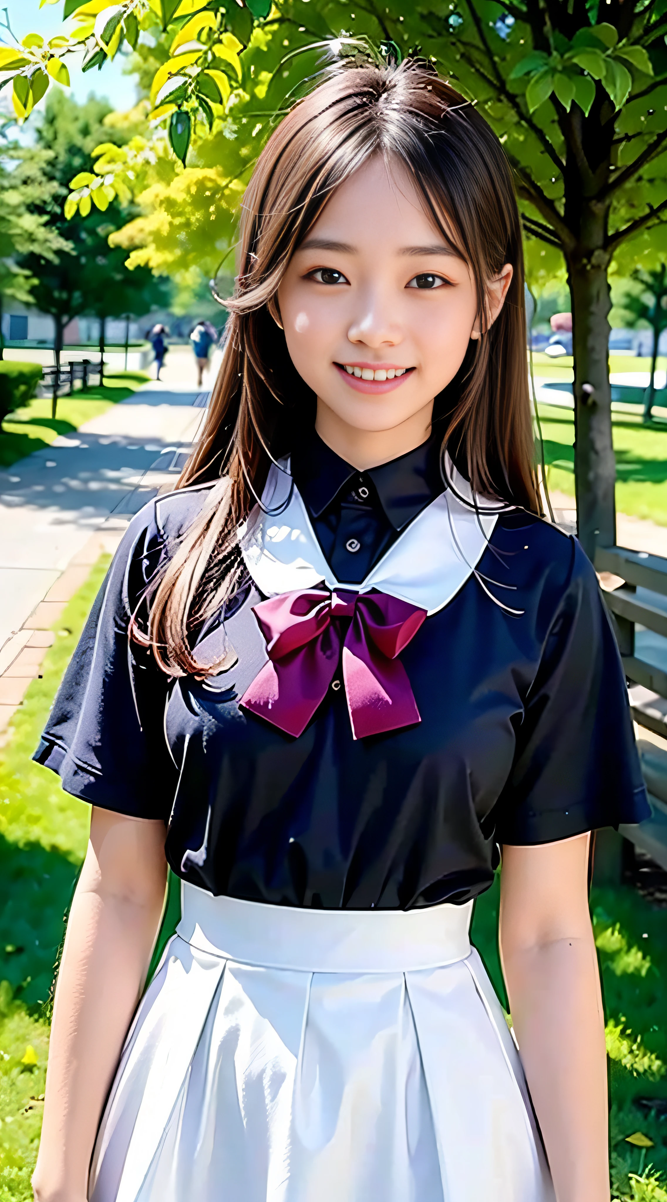 (8K、Raw photography、Top image quality、masterpiece:1.2)、(real picture:1.6)、(masterpiece)、 Facing the viewer,Big smile,(Top image quality:1.0)、(Ultra Hi-Res:1.0)、detaileds、18year old、Soio、 a closeup, Detailed beautiful skin、Brown hair ,real looking skin, The upper part of the body, top-quality, 超A high resolution, cute little, length hair, A smile, , high-school uniform,bow ribbon,Standing in the park