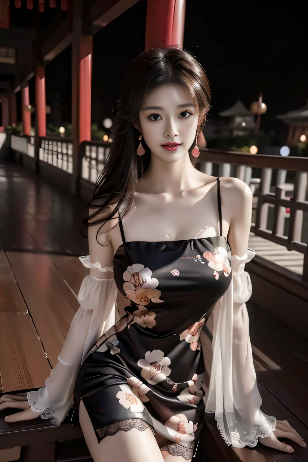 Works by Wang Zhanpeng,Girls around 20 years old,Extremely beautiful and delicate,brown hair,A sweet smile,Delicate and beautiful fair skin,Realistic and realistic,exquisite and complete facial features,Detailed depiction of the face,tall nose bridge,lips in red,Beautiful, gentle and beautiful girl,hyper realisitc,photorealestic,8K quality,extremy detailed,Realistic details,Works of masters,Realistic to the extreme,perfect bodies,Oversized,Beautiful,Pure desire,Stunning beauty,Peerless beauty,Highest image quality,8K分辨率,goddes,ssmile,Fine facial features,Face the lens,long leges,(No shoulders),(((Chinese style new Chinese ink floral dress))),(Cross-threaded lace thigh lace socks),((the night)),Under street lights,Neon flashing,with a well-proportioned body,Center the photo,stand posture,Best Picture Quality,