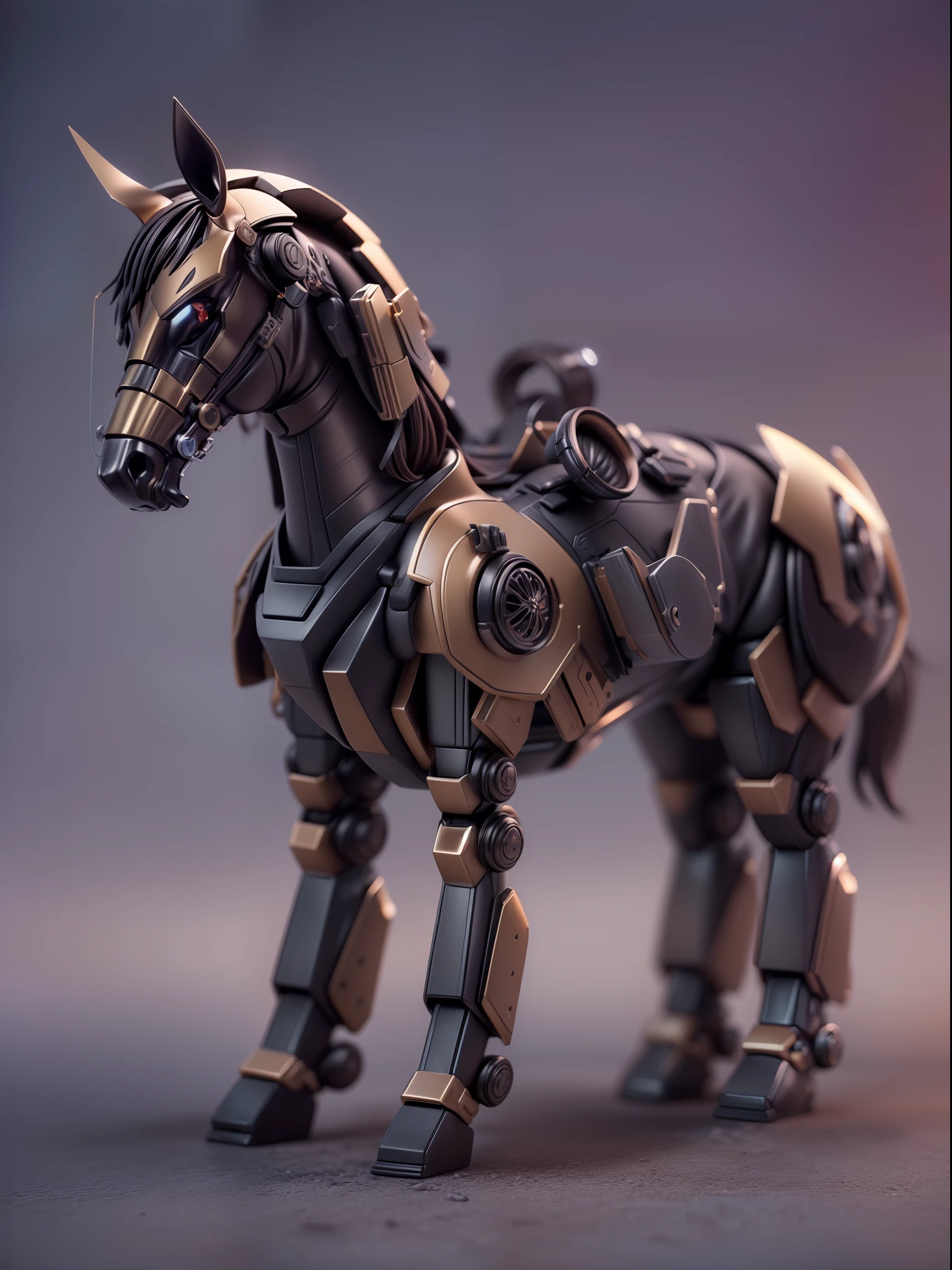 (Blind box toy style:1.3),((Full body shot))(anthropomorphism) , (1 male horse mecha warrior)(((solo))) metal mecha,dreamy glow, Clean dark background,Brown black style，(circular base）( Global illumination, Ray tracing, hdr, unreal render,reasonable design, high detail, Masterpiece, Best quality, hyper HD, Cinematic lighting)