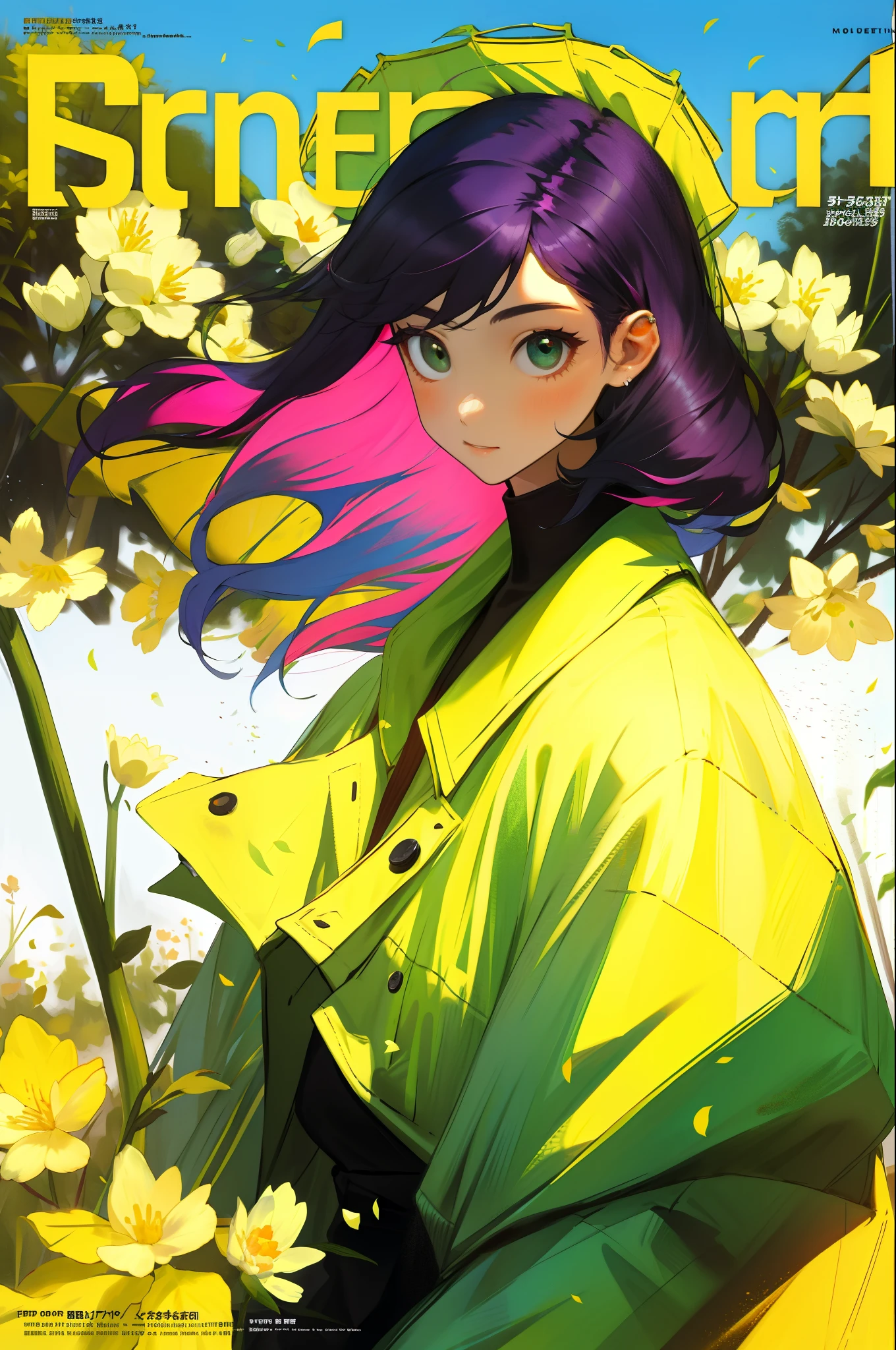 masterpiece, best quality, spring outfit, colorful hair,  outdoor, magazine cover ,upper body,