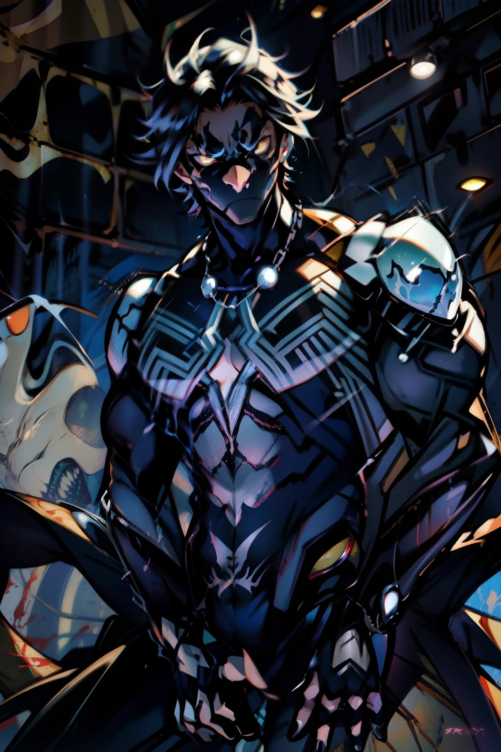 《the original god》Arataki Kazuto , male people， chest muscle， Sexy , Venom symbiote for your body, Black mucus of the body , into venom, venomize，Black bodysuit，（Cloak），Red cape，Abs，（Adult male）（（Venom possession，venom symbiote）），over-Tortoise Man，Battle damage，((Masterpiece)), ((Best quality)), Ultra detailed,((illustration)), Dynamic Angle, Detailed light, (Delicate eyes), Floating, 1boy, Male focus, Head, Clothing, Yellow eyes, necklace, tattoo, (Forehead:0.8), (ahoge:0.8), jewelry, brunette color hair,apathy，Ray， chest muscle， Sexy , Venom symbiote for your body, Black mucus of the body , （into venom）, Venom，frontage，Bust photo，White tight-fitting top，spiderman outfit，style of anime4 K， 4K anime wallpaper， Badass anime 8 K， 4 k comic wallpaper， young anime man， Anime boys， Anime wallpapers 4 k， Anime wallpaper 4K， High quality anime art style， Anime moe art style， Anime art wallpaper 8 K， Anime art wallpaper 4 K， RGB lighting，