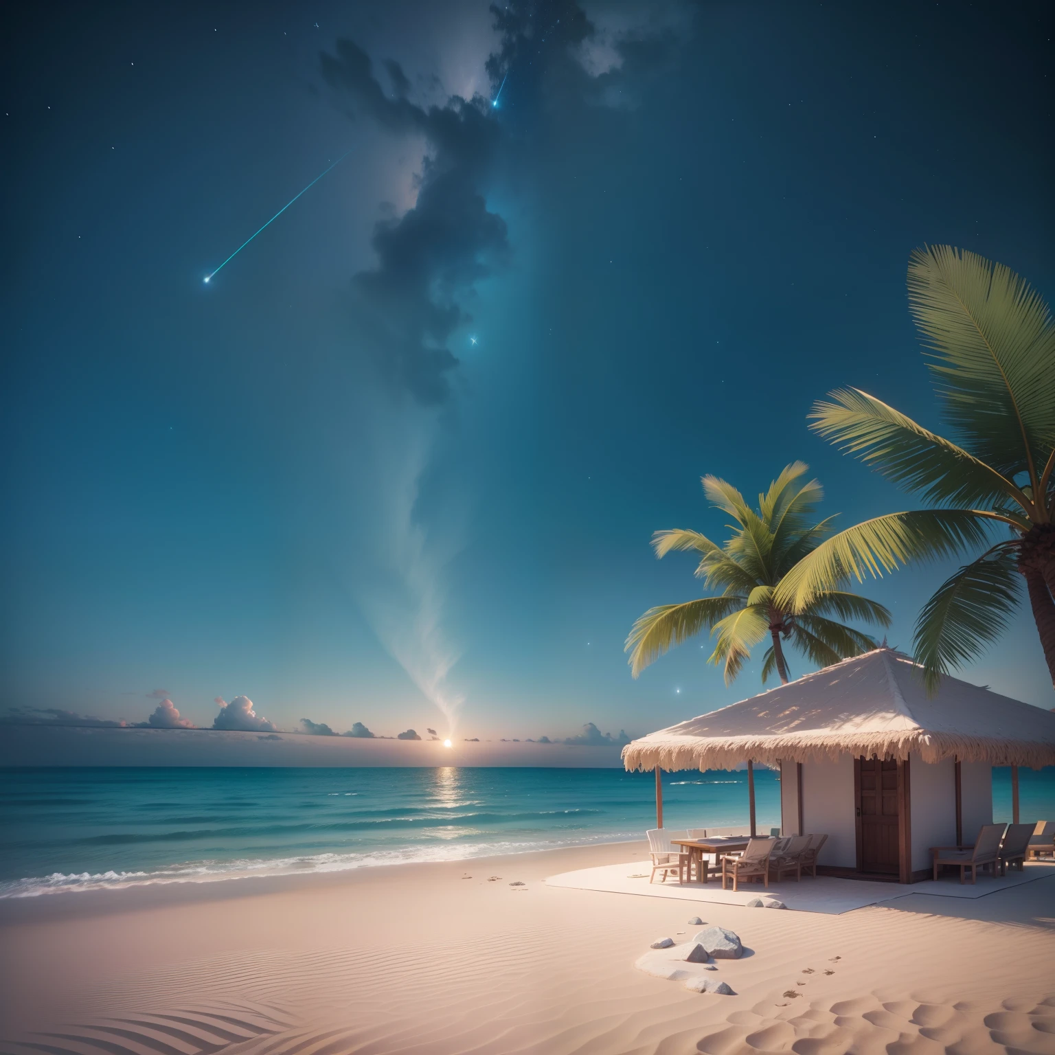 Crystal clear sea、Pure white sand beach、Palm trees、Starry sky、Historic cottage、3D、8K、Superb view