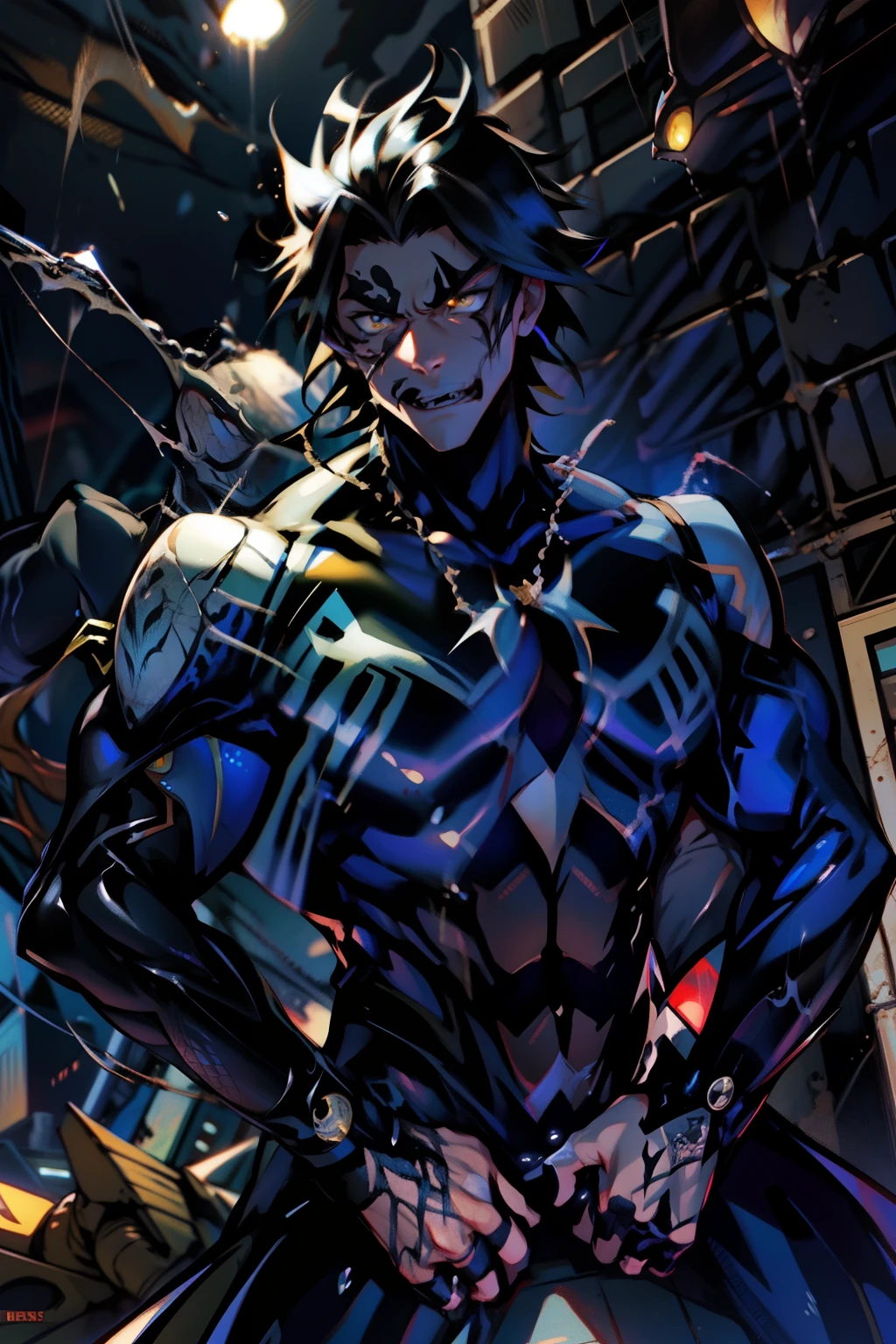 《the original god》Arataki Kazuto , male people， chest muscle， Sexy , Venom symbiote for your body, Black mucus of the body , into venom, venomize，Black bodysuit，（Cloak），Red cape，Abs，（Adult male）（（Venom possession，venom symbiote）），over-Tortoise Man，Battle damage，((Masterpiece)), ((Best quality)), Ultra detailed,((illustration)), Dynamic Angle, Detailed light, (Delicate eyes), Floating, 1boy, Male focus, Head, Clothing, Yellow eyes, necklace, tattoo, (Forehead:0.8), (ahoge:0.8), jewelry, brunette color hair,apathy，Ray， chest muscle， Sexy , Venom symbiote for your body, Black mucus of the body , （into venom）, Venom，frontage，Bust photo，White tight-fitting top，spiderman outfit，style of anime4 K， 4K anime wallpaper， Badass anime 8 K， 4 k comic wallpaper， young anime man， Anime boys， Anime wallpapers 4 k， Anime wallpaper 4K， High quality anime art style， Anime moe art style， Anime art wallpaper 8 K， Anime art wallpaper 4 K， RGB lighting，