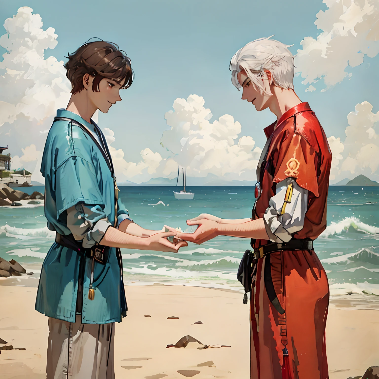 Gay male couple. On the left is a male,approximately 20 years old,Beautiful and slim,with fair skin,Has medium gray hair and green eyes,no facial hair,Gentle smile。The one on the right is also male,Age is about 20 years old,Tall guy,Has short red hair,no facial hair,Sunny and cheerful。The background is by the sea。The picture is vivid and rich,The painting style is two-dimensional cartoon style。