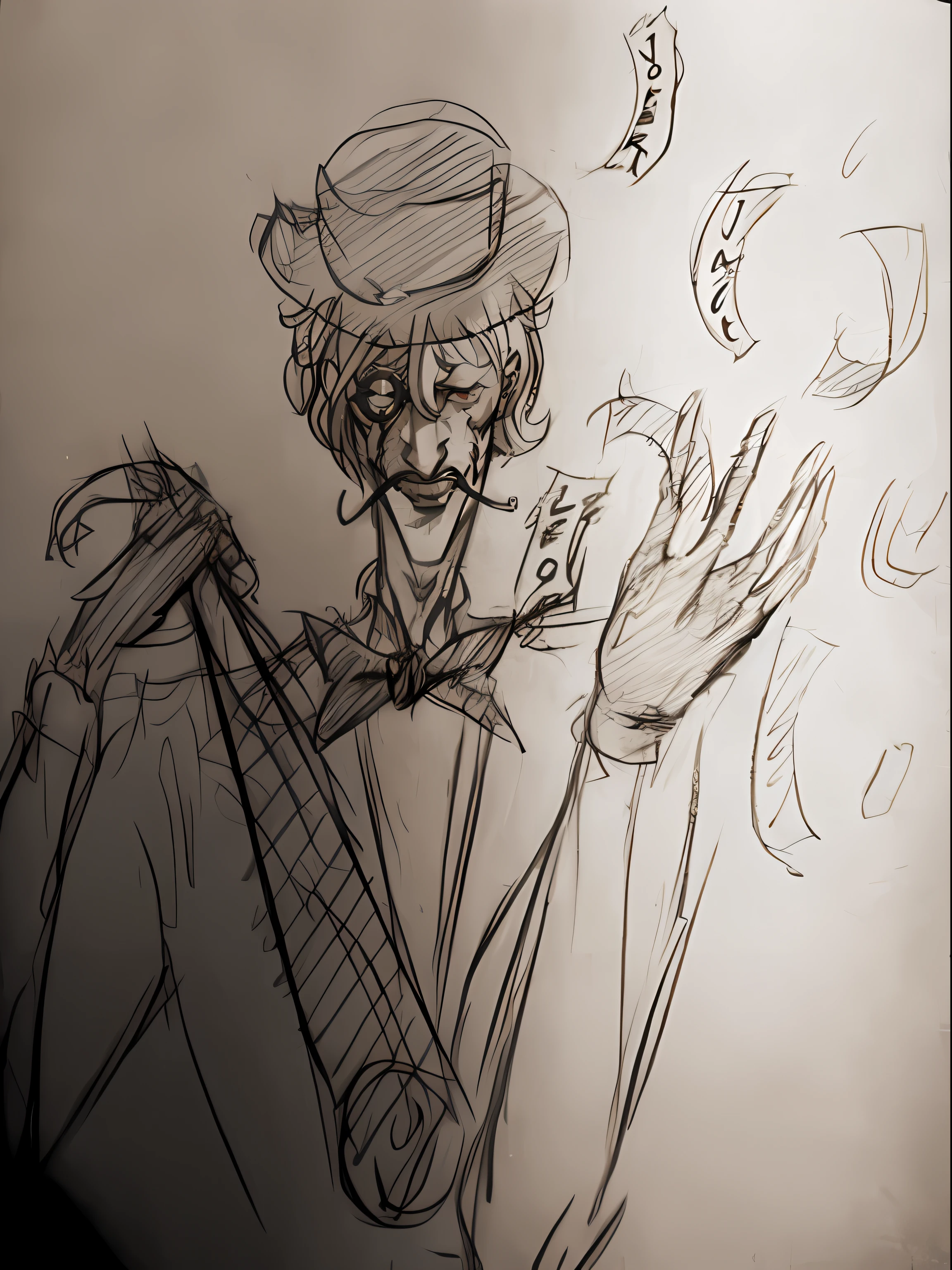 A man with a cane and a hat, He wears a black top hat, Evil charm, mistic, Cold,Expression of loss, Black crutches in his right hand, The left hand throws a large amount of paper into the air, English aristocratic gentleman, With monocle,Wear a suit,Wear white silk gloves