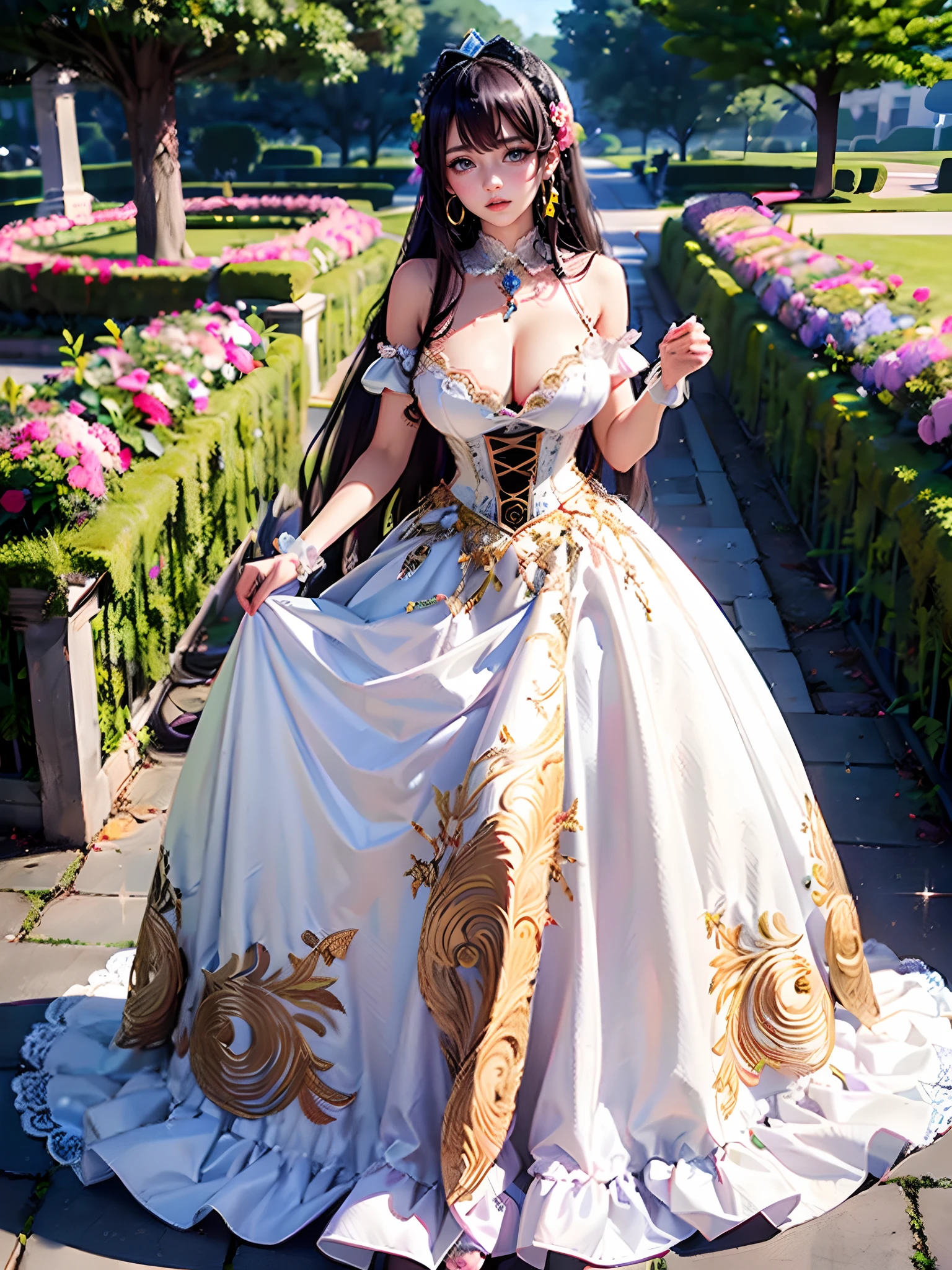 ((Anime Art Style)),(masutepiece),(Best Quality), (Super Detail),((Very delicate and beautiful)),(((Solo))),((Full body)),(((Sparkly princess in gorgeous ta dress with beautiful embroidery and jewels and voluminous full-length hoop skirt))),((Stand in the garden)),Long Train,(Glittery Gorgeous Gemstone Jewelry),Detailed face and eyes,Eyes Like Gems,cry,((embarrassed)),anguish,((Large amount of straight hair,Very voluminous、Very long straight hair)),((Colossal tits,Long Boobs)),cleavage,(gorgeous embroidery and lace),Gorgeous corsage,See-through,(Very gorgeous Loliair ornament)),Tiara adorned with glitter and very gorgeous jewels,ornate ruffles,(hoop skirt,crinoline),Flowers, Petals flow,((Dynamic Angle)),Looking at Viewer,((Full body)),((Very gorgeous Lolita d with beautiful embroidery and jewels and a voluminous full-length hoop skirt))