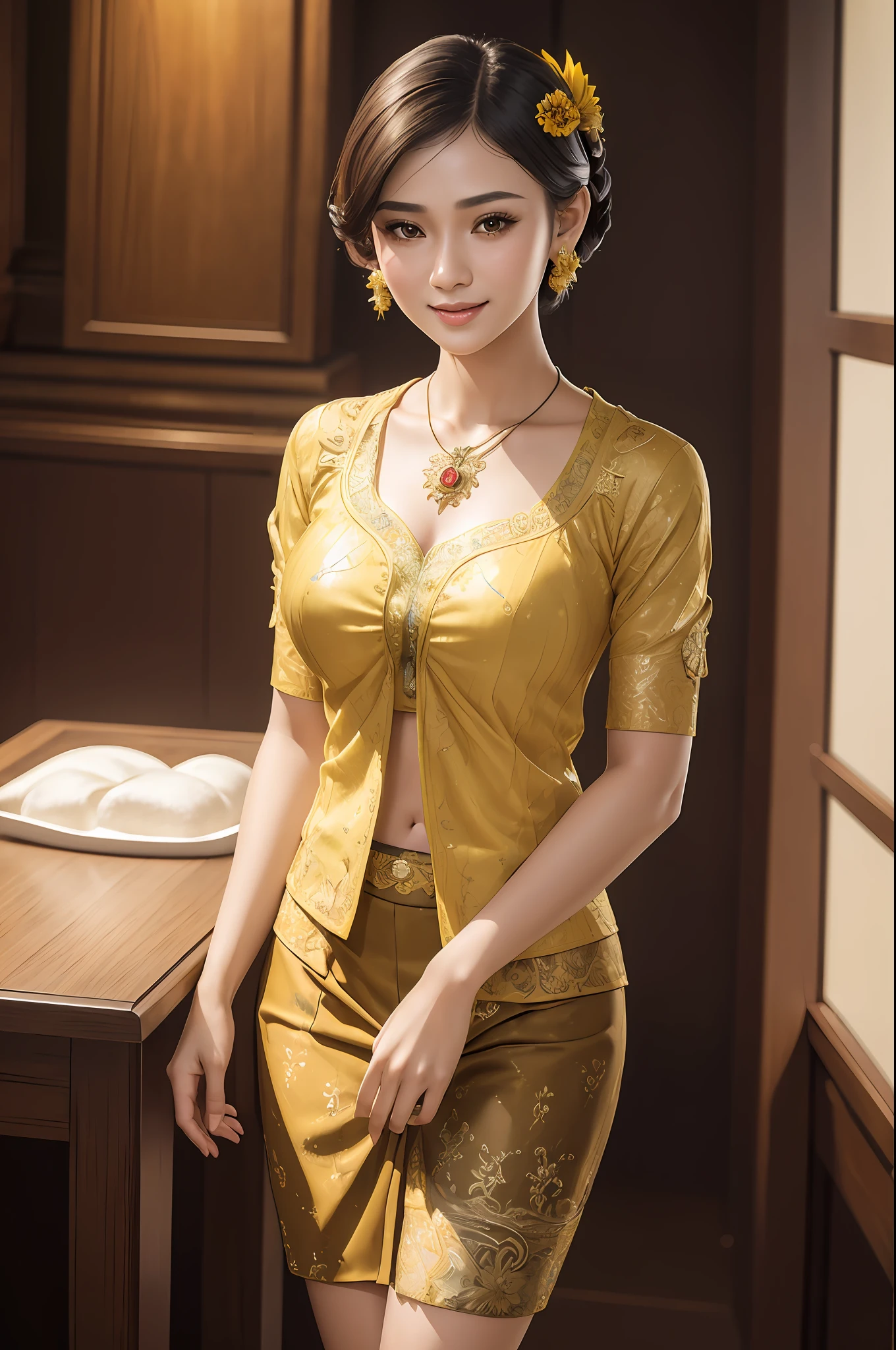 (realistic:1.3), insane detailed, quality, (masterpiece:1.2), (photorealistic:1.2), (best quality), (detailed skin:1.3), (intricate details), ray tracing, ((half body)), (((1girl))), (((1 person))), 20 years old, short hair, smile, yellow clothes, dark brown skirt with pattern, skirt pattern, earrings, necklace, Javanese ornament, (blurred background)