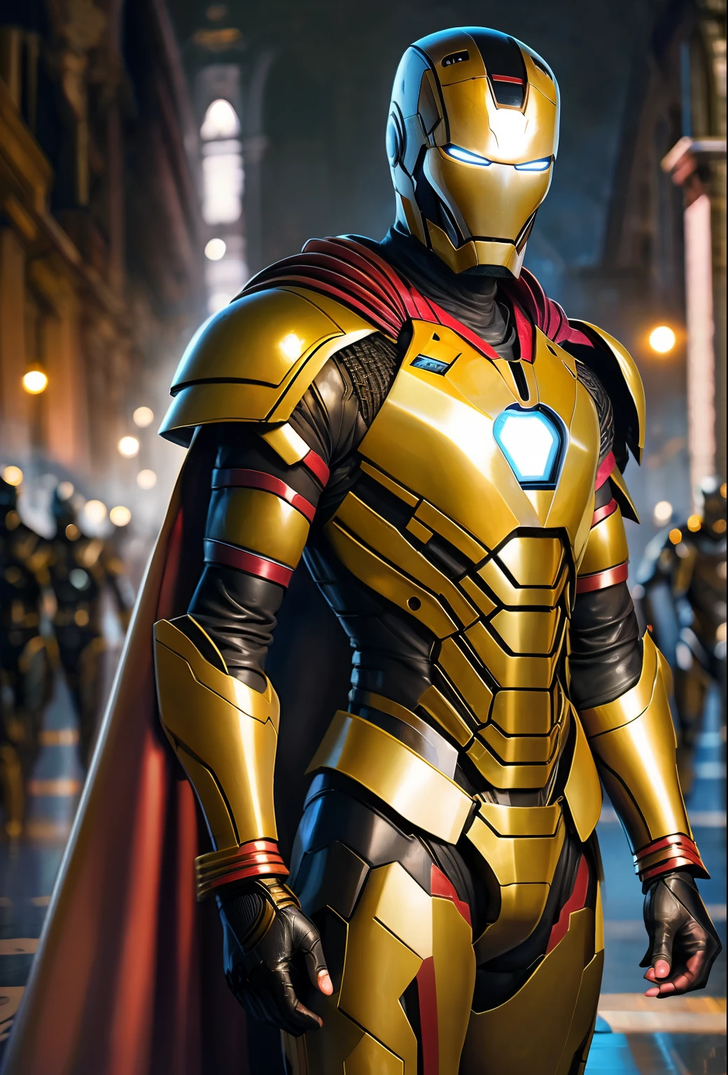 (Best quality),(masterpiece),(ultra detailed),(high detailed),(extremely detailed),full body shot of Ironman in Yellow armour style suit, no mask on, white cape, looking at center camera, perfect composition, beautiful detailed intricate insanely detailed octane render trending on artstation, 8 k artistic photography, photorealistic concept art, soft natural volumetric cinematic perfect light, chiaroscuro, award - winning photograph, masterpiece, oil on canvas, raphael, caravaggio, greg rutkowski, beeple, beksinski, giger, trending on artstation, sharp focus, studio photo, intricate details, highly detailed, night city background, by greg rutkowski