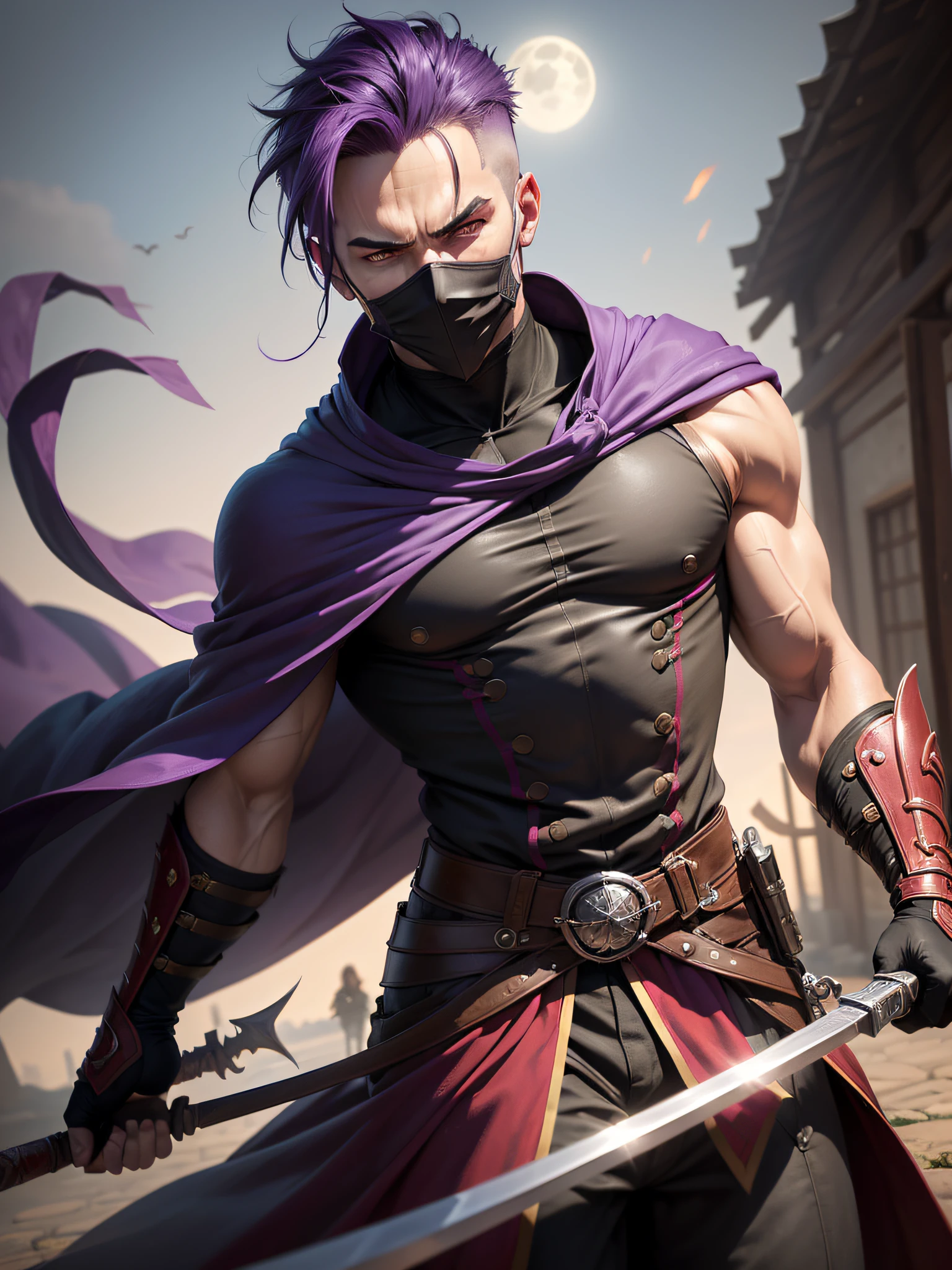 (((masutepiece, Best Quality, ultra-detailed))), (Male talented assassin, solo, fighting in acrobatic action, Unapproachable vibe, Serious, Perfect fingers, Perfect hands, Looking down to Viewer), 35 years old, (Medieval assassin costume, long assassin cloak, mouth mask), Medieval secret guild outside as background, moon lighting, From below, Dynamic Angle, Purple hair, Very short hair, Male face, villain's face, Forehead, male eyebrows, Male Eyes, sharp nose, adam's apple, (Sharp eyes), Red pupils glowing, no weapon,