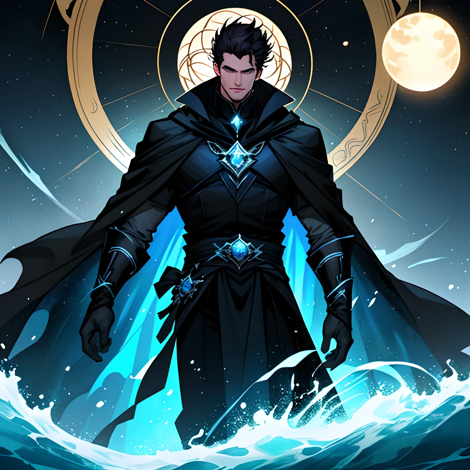 "(Handsome man):(1.2)|Two floors high,afloat,A black glow emanates from the sphere in his hand,Black cape,Gorgeous décor,"