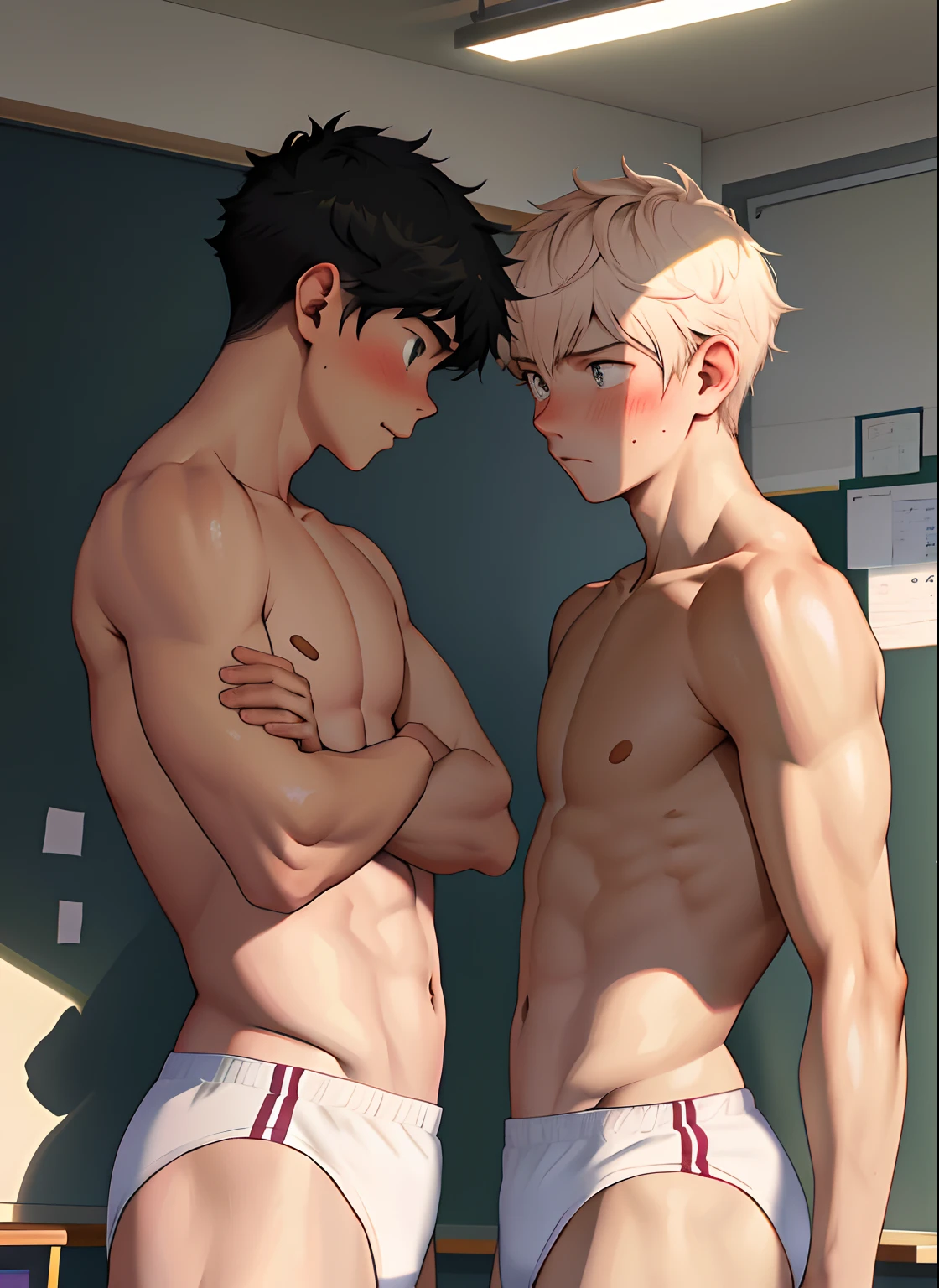 2boys , naked，talking, indoors, (masterpiece, best quality, absurdres), school, classroom, sportswear, looking together, light blush,